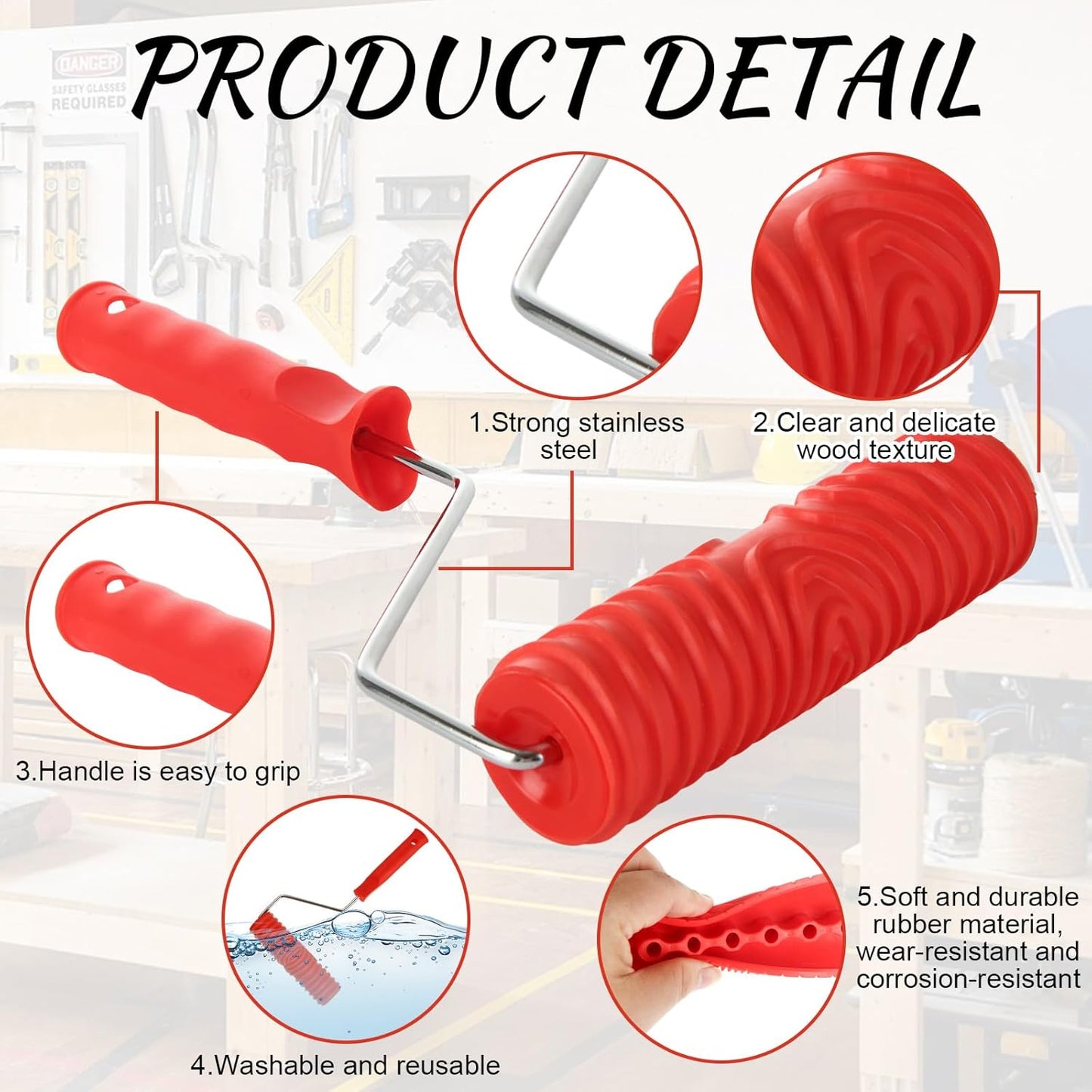 8 PCS Wood Grain Tool Set, 7" Textured Pattern Roller with Handle, Rubber Wood Graining Tool for Wall Floor Furniture Wood Pattern Art Decoration