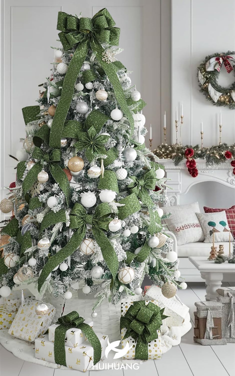 HUIHUANG Moss Green Wired Christmas Ribbon 4 inch Moss Glitter Wired Ribbon Diamond Mesh Wire Ribbon for X-mas Tree Decorations, Wreaths, Garland, Large Bows Making, Home Decor -10 Yards