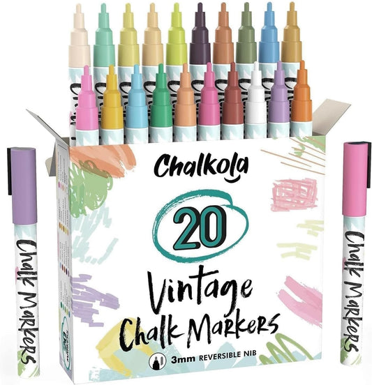 Fine Tip Liquid Chalk Markers for Chalkboard (20 Vintage Colors) - Dry Erase Marker Pens for Blackboard, Windows, Chalkboards Signs, Bistro - 3mm Reversible Tip