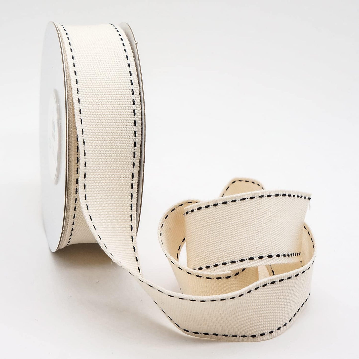 CT CRAFT LLC Ivory Cotton Black Stitched Ribbon 7/8" x 10 Yards for Home Décor Gift Present Wrapping DIY Crafts Birthday Wedding Bouquet Christmas