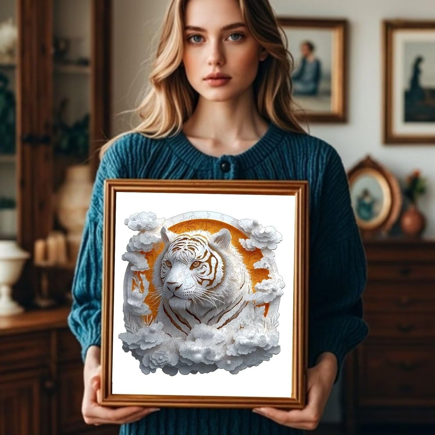 Wooden Puzzles Adults, 3D Paper Tiger Wooden Puzzles 300 Pieces, Unique Animal Shaped Wood Challenging Jigsaw Puzzles Gifts for Adults, 13.4x13.4in