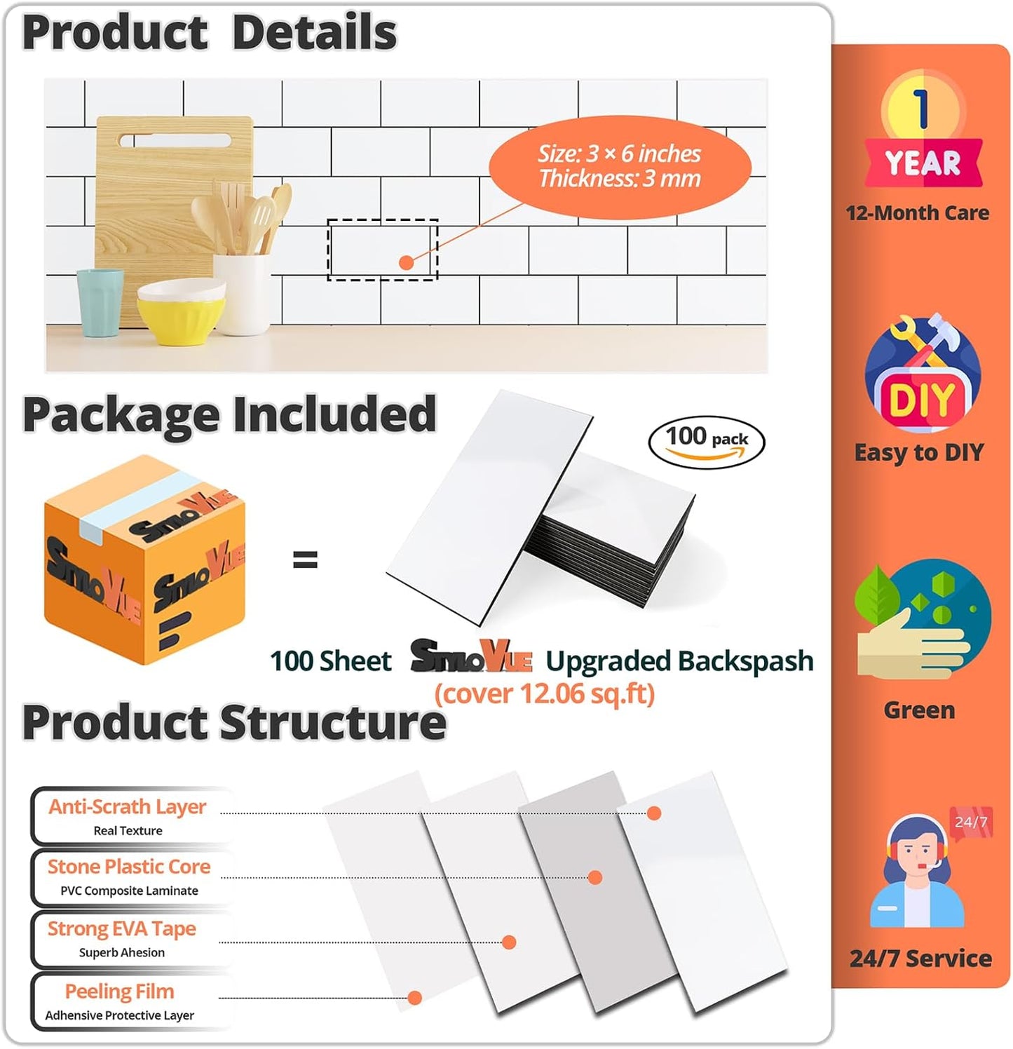 4 Pieces Peel and Stick Backsplash for Kitchen, 3" x 6" PVC Subway Tile 2025 Upgraded Glossy White with Dark Gray Grout Backsplash Stick on Tile Elevate Kitchen, Bathroom, Fireplace,RV