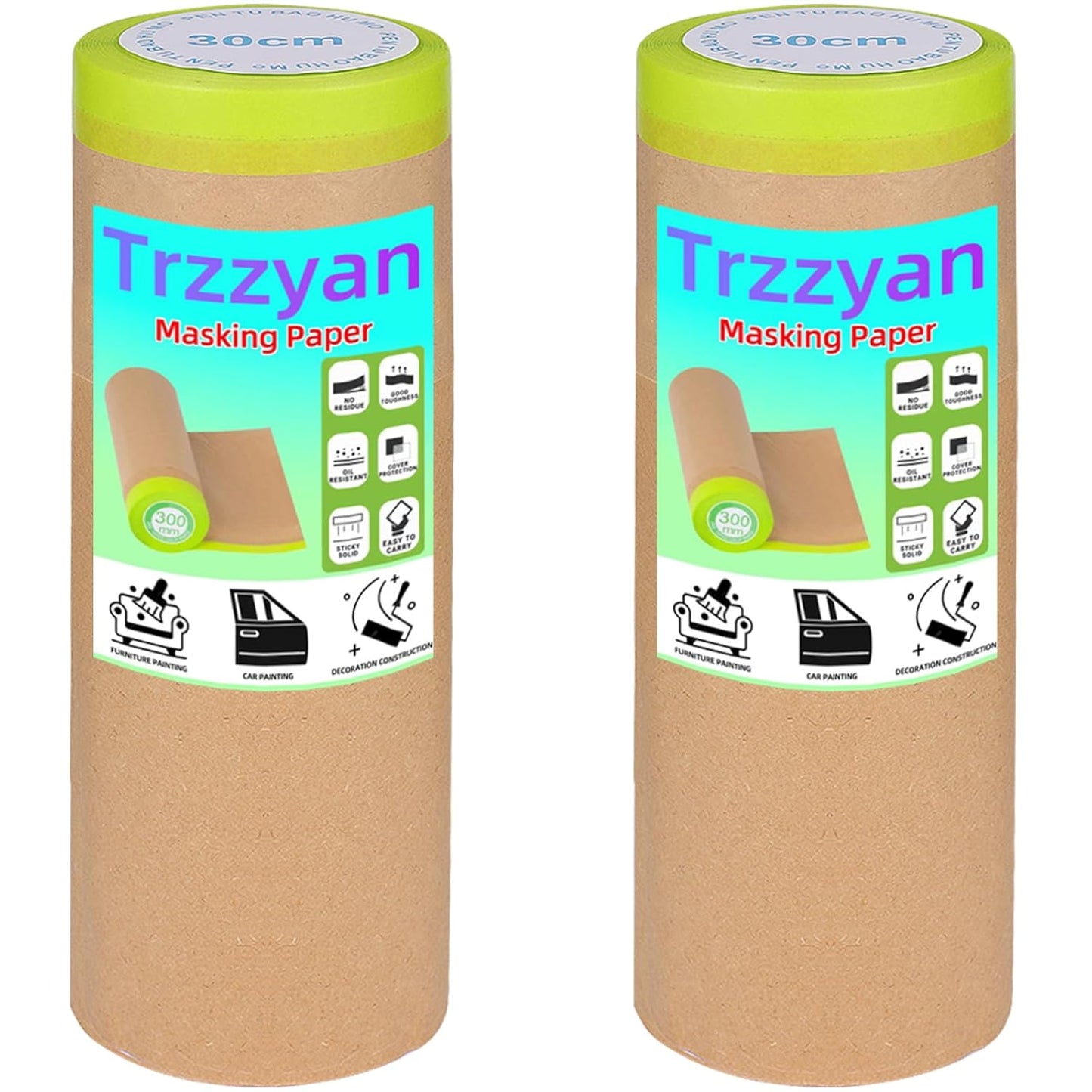 2 Roll 12Inchx50Feet Pre-Taped Masking Paper Roll - Heavy Painters Paper with Adhesive, Tear-Resistant for Auto Body, Wall Painting, Floor Protection, Furniture&DIY Projects (2, 12inch*50feet)