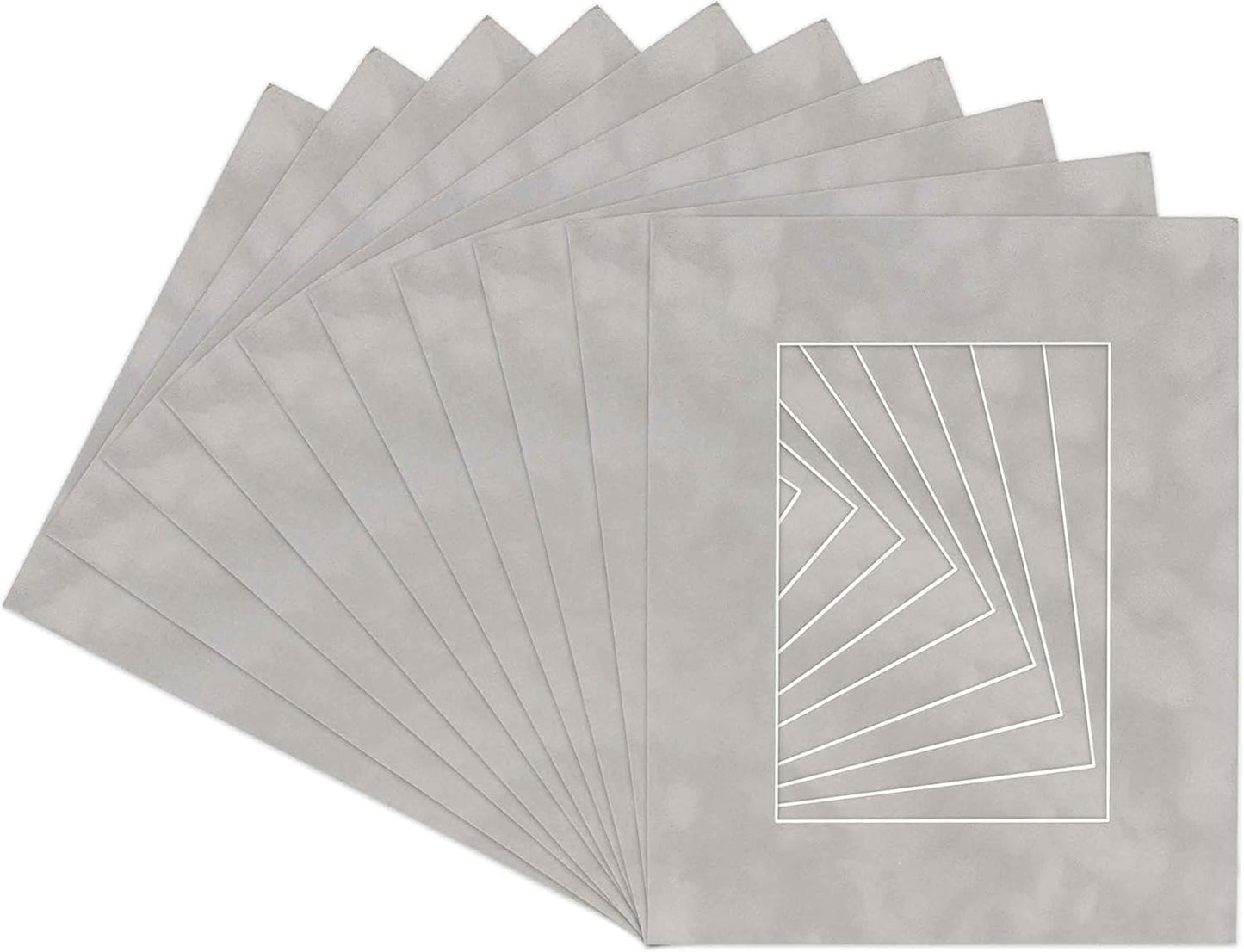Pack of TEN 11x14 Mats Bevel Cut for 8.5x11 Photos - Acid Free Light Grey Suede Precut Matboards For Pictures, Photos, Framing - 4-ply Thickness