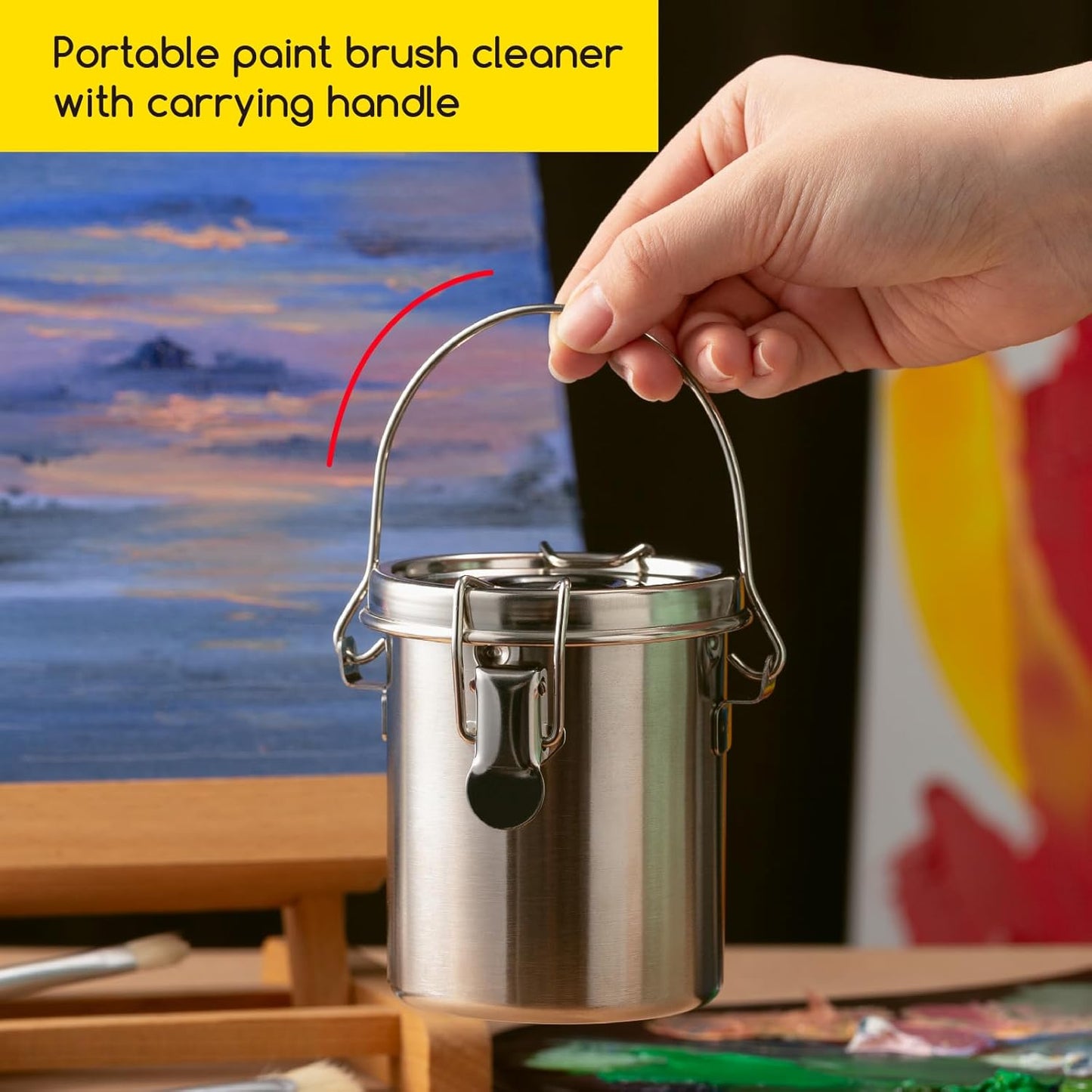 MEEDEN Portable Paint Brush Washer: Airtight Stainless Steel Artist Brush Cleaner for Oil & Acrylic Painting - Small