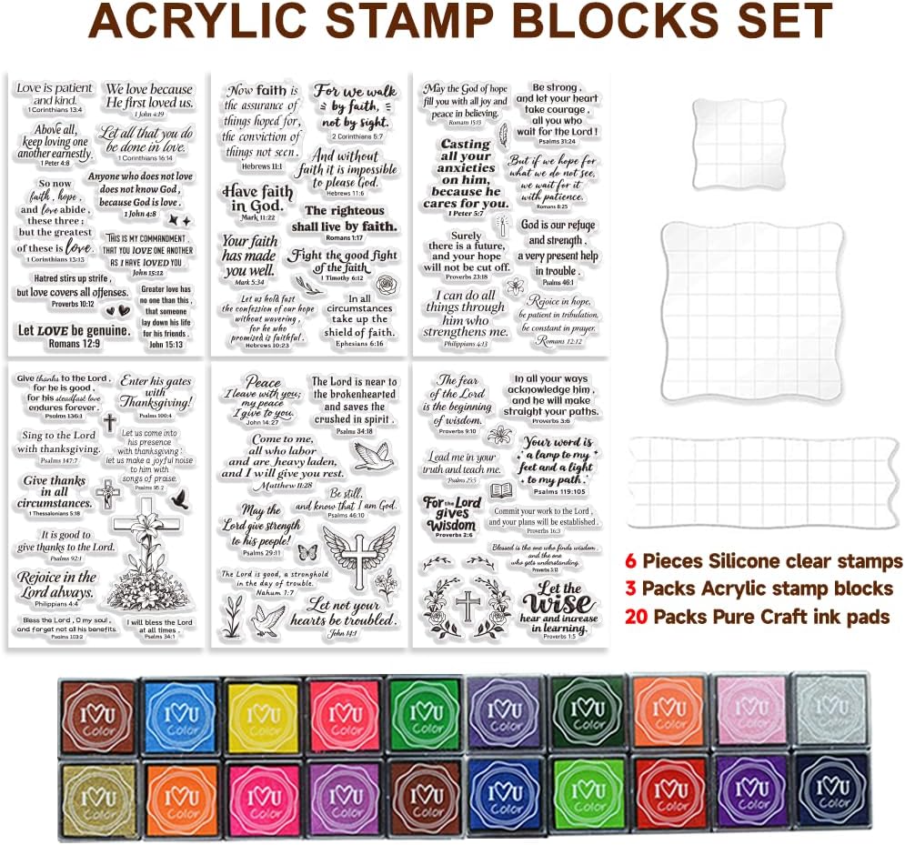 6 Pcs Christian Bible Verse Clear Stamps for Card Making Supplies 20 Craft Ink Pad 3 Acrylic Stamp Block Silicone Stamp with Bless Words Rubber Stamps for Crafting DIY Scrapbooking Journal