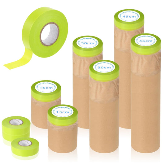 6 Rolls Pre-Taped Paint Masking Paper and 3 Masking Tape, 50 Feet/ Roll Assorted Sizes Tape and Drape Painters Paper for Painting, Automotive Paint, Floor Protection, Wall Covering, Floor Protection