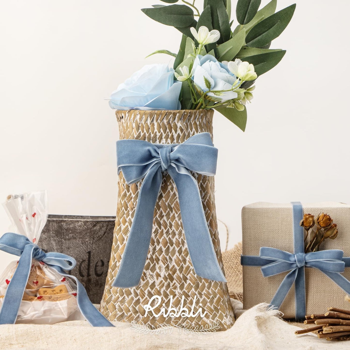 Ribbli Dusty Blue Velvet Ribbon 1 Inches Continuous10 Yard Spool Blue Christmas Ribbon for Gift Wrapping Crafts Home Decor