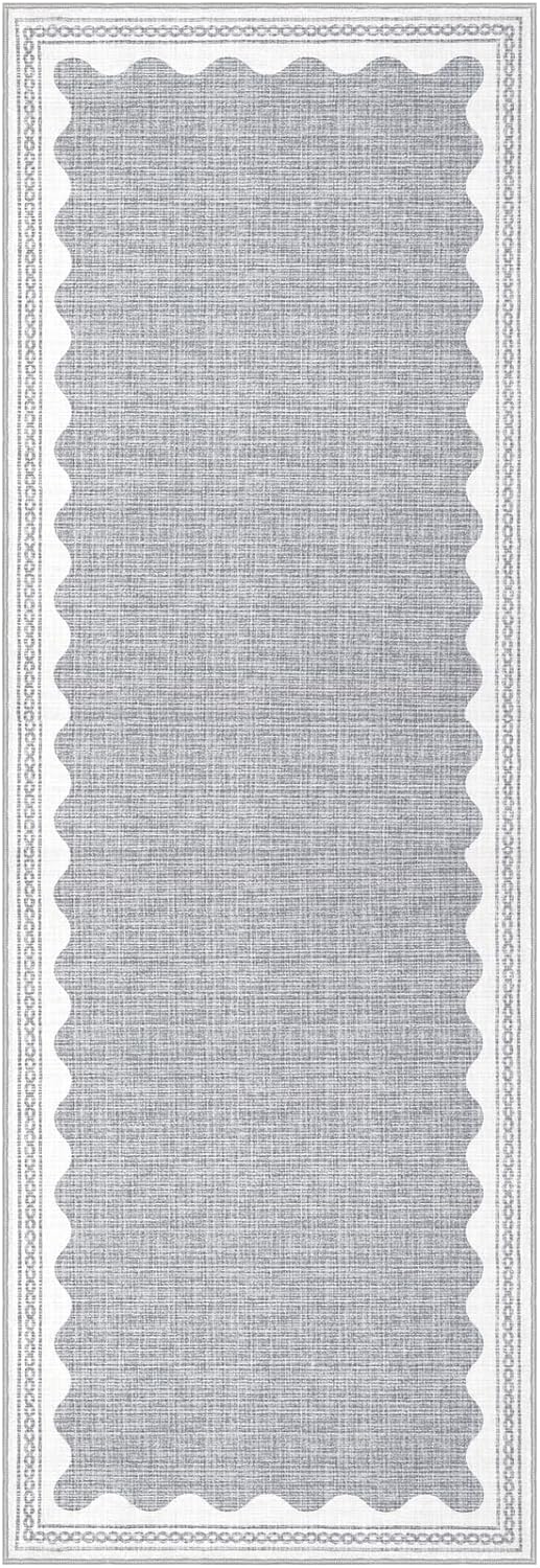 Scalloped Rug 2.5x10 Runners for Hallways, Solid Grey Non Slip Scalloped Bath Runner, Washable Rug for Bedroom Girls, Rugs for Kitchen Floor Soft Dorm Nursery Carpet for Bedside
