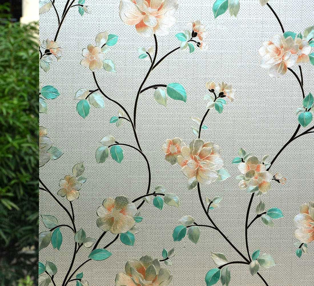 VSUDO Static Cling Decorative Window Privacy Film – Frosted Privacy Window Film with Jasmine Floral & Stained Glass Design, Adhesive-Free Tint for Home, Bathroom & Office (23.6" x 157.5")