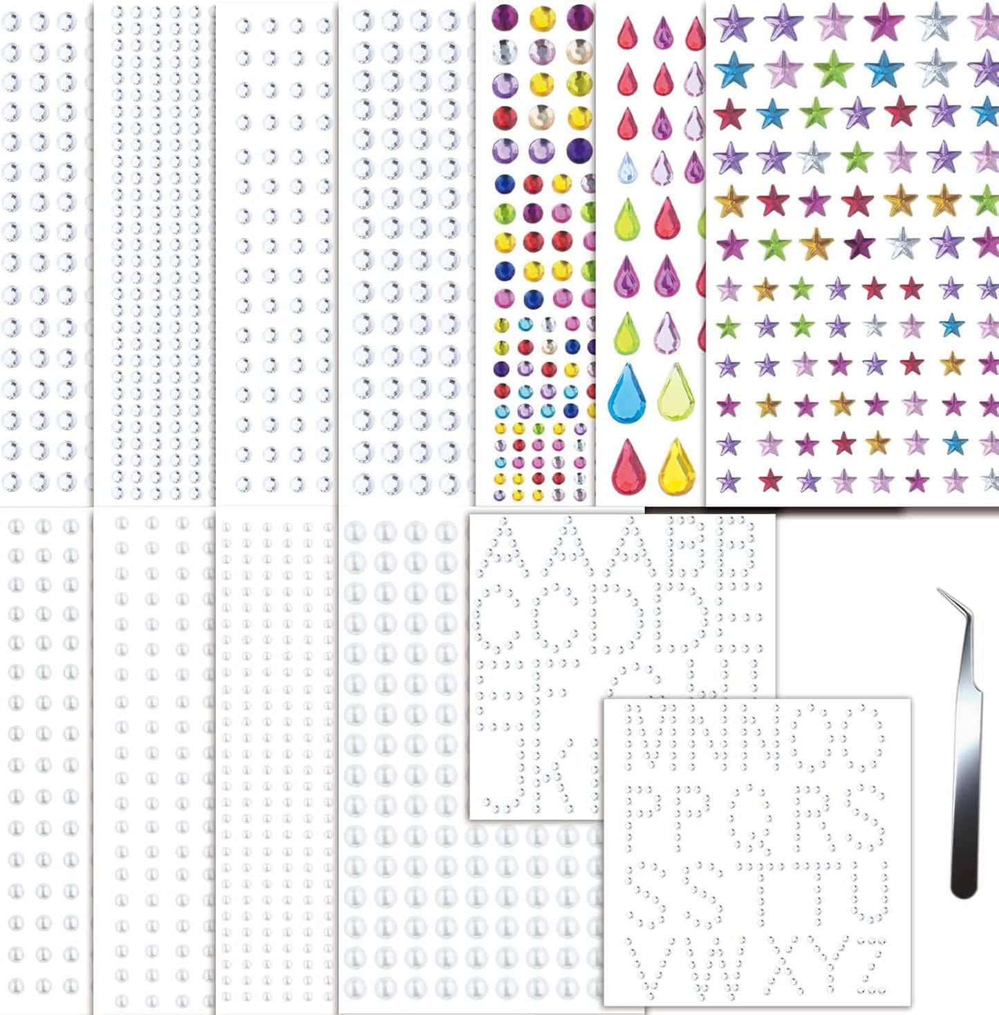 2450Pcs Hair Gems Rhinestones Self Adhesive Stickers with Tweezers Pearls Diamonds Letters for Face Eyes Nails Clothing Crafts Bling Accessories