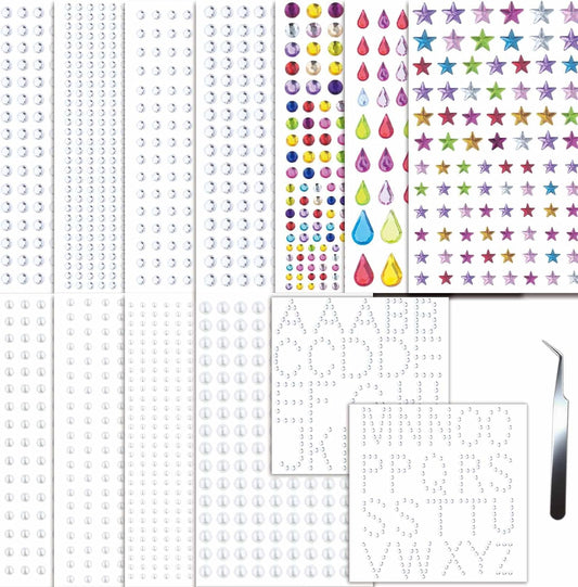 2450Pcs Hair Gems Rhinestones Self Adhesive Stickers with Tweezers Pearls Diamonds Letters for Face Eyes Nails Clothing Crafts Bling Accessories