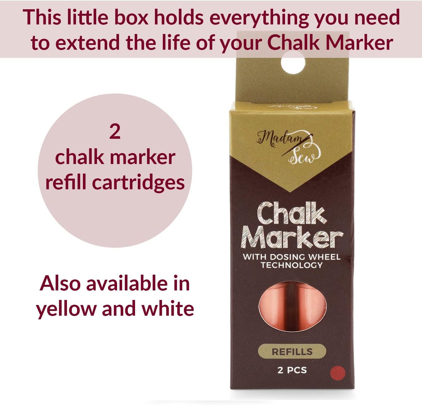 Madam Sew Fabric Chalk Markers for Sewing & Quilting | Refillable Tailors Chalk for Fabric Marking with Dosing Wheel | Ideal for Marking on Cotton, Knit, Suede [Red]