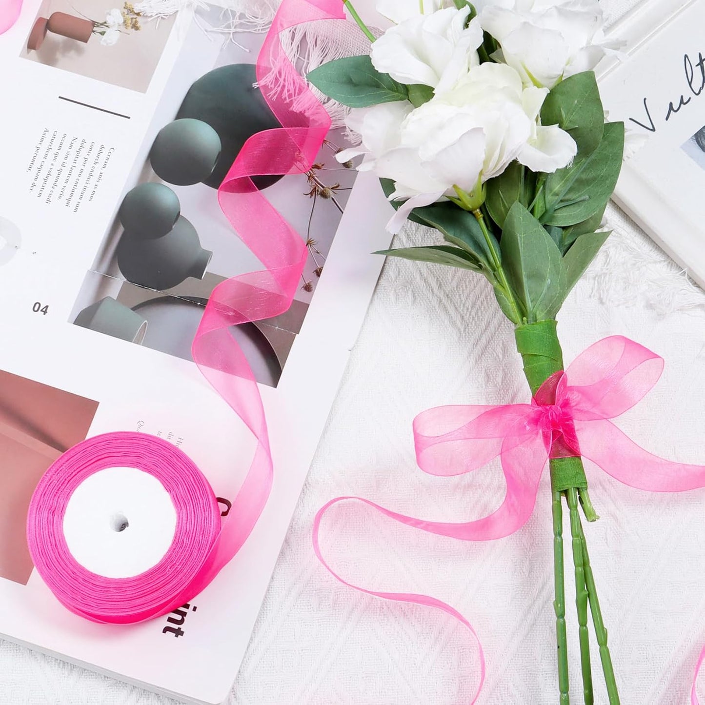 Ribbon for Gift Wrapping 3/4 inch Hot Pink Sheer Organza Ribbon for Flower Bouquet Tulle Thin Chiffon Ribbons for Wedding Invitations Christmas Halloween Presents Decorations Crafts 50 Yards