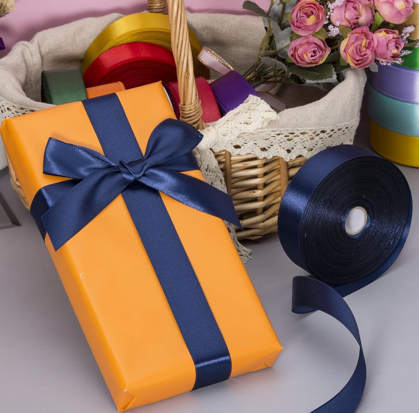 1 Inch Navy Solid Satin Ribbon, 50 Yards Craft Fabric Ribbon for Gift Wrapping Floral Bouquets Wedding Party Decoration