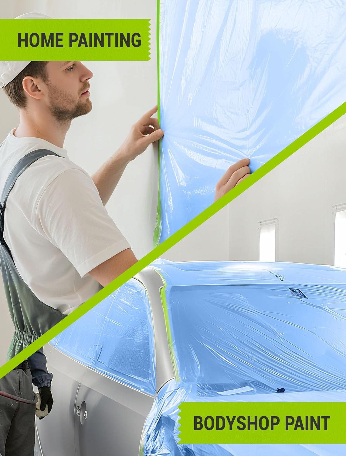 Pre-Taped Masking Film for Painting, 59/43/ 22 in * 66 FT, 3-Rolls Painters Plastic Sheeting with Widened Paint Tape and Drape for Covering Walls, Windows, Cars & Furniture Protection