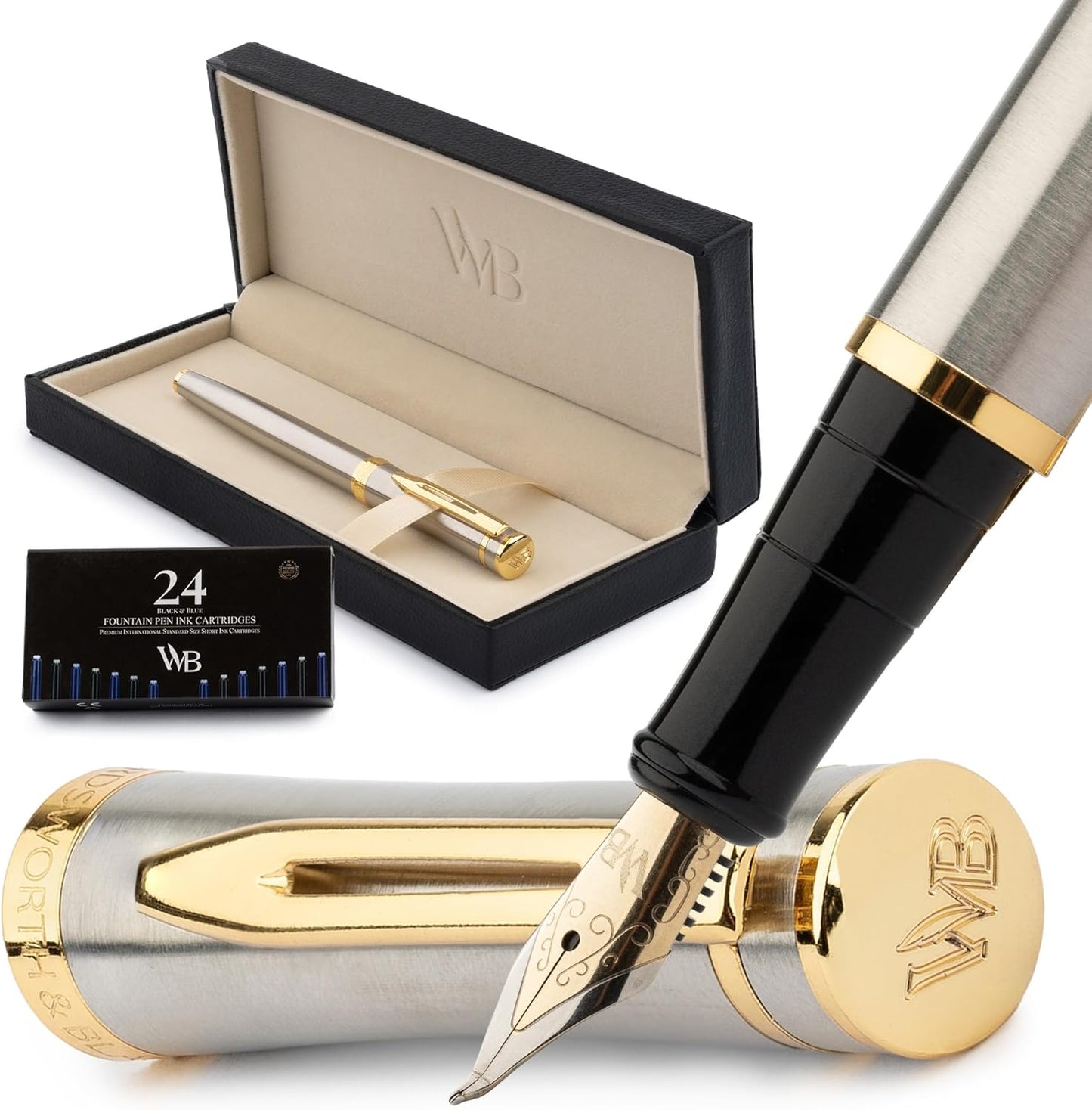 Wordsworth & Black Fountain Pen Set, 18K Gilded Bent Nib, Includes 24 Pack Ink Cartridges, Ink Refill Converter & Gift Box, Gold Finish, Calligraphy, [Silver Gold], Perfect for Men & Women