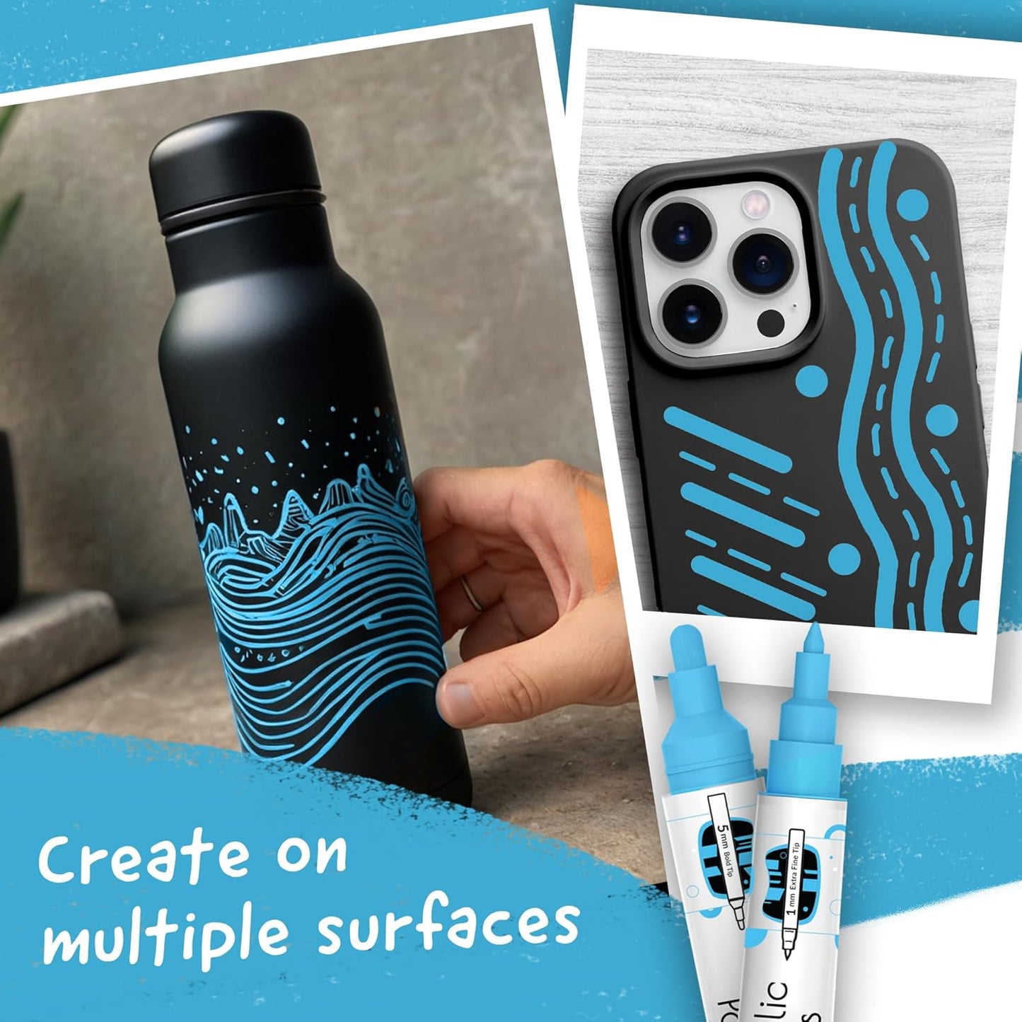 4 Dual Tip Blue Paint Pen Metallic - Fine Tip & Medium Acrylic Markers - Blue Paint Marker for Metal, Wood, Rock Painting, Canvas, Ceramic, Glass, Fabric, Leaf and Plastic - Water-based Ink