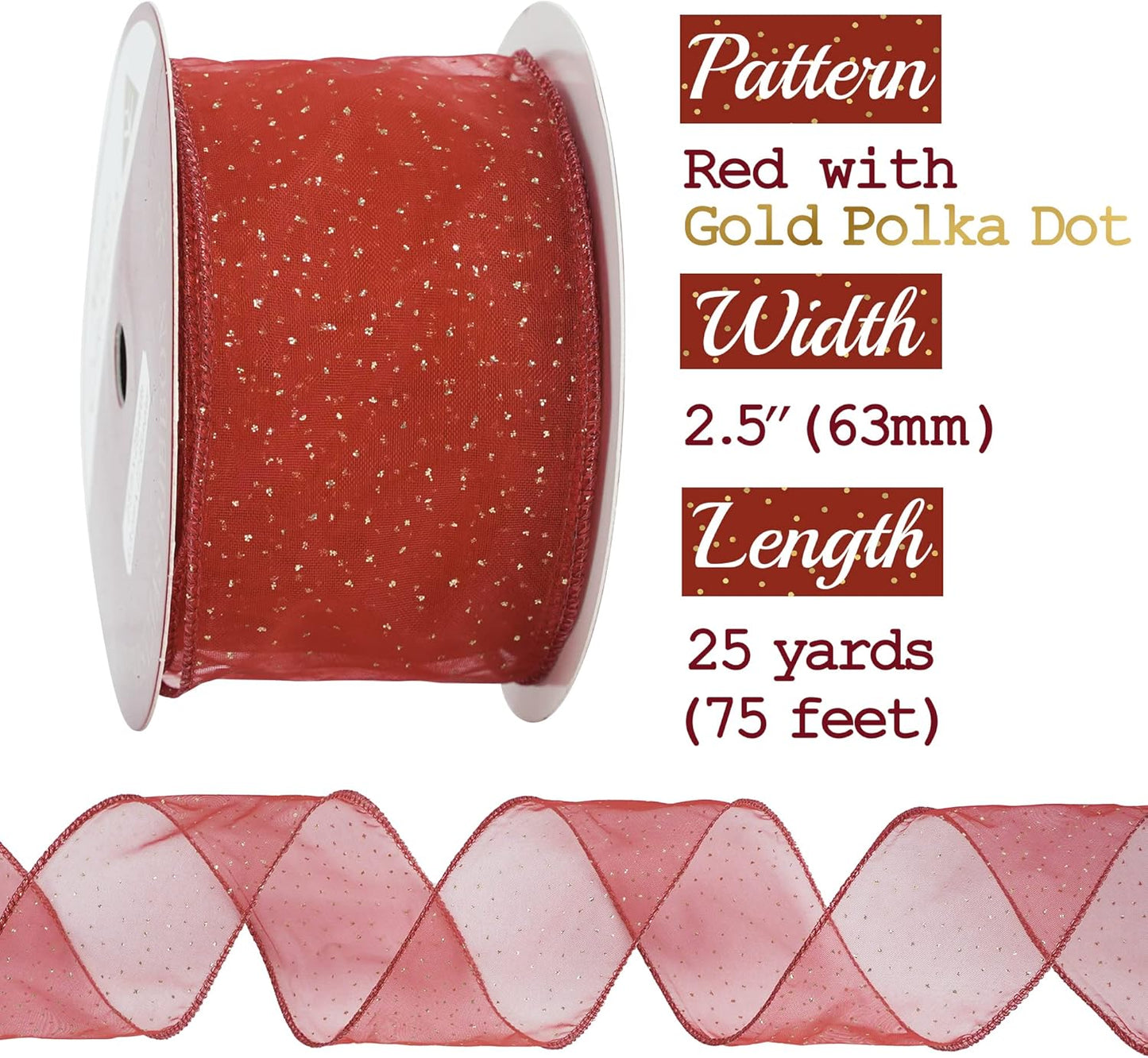 MEEDEE Red Gold Wired Ribbon - 2.5 Inch Sheer Ribbon with Gold Glitter Polka Dots for Christmas Tree, Wreath and Bow Making