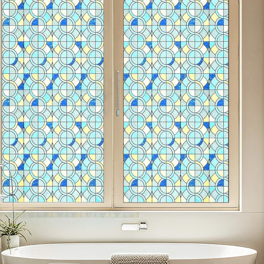 Window Privacy Film, Frosted Glass Decorative Static Cling, Removable Sun Blocking Vinyl Covering, Window Film for Home Kitchen Living Room Bathroom, Geometric Rings, 17.5" x 78.7 "