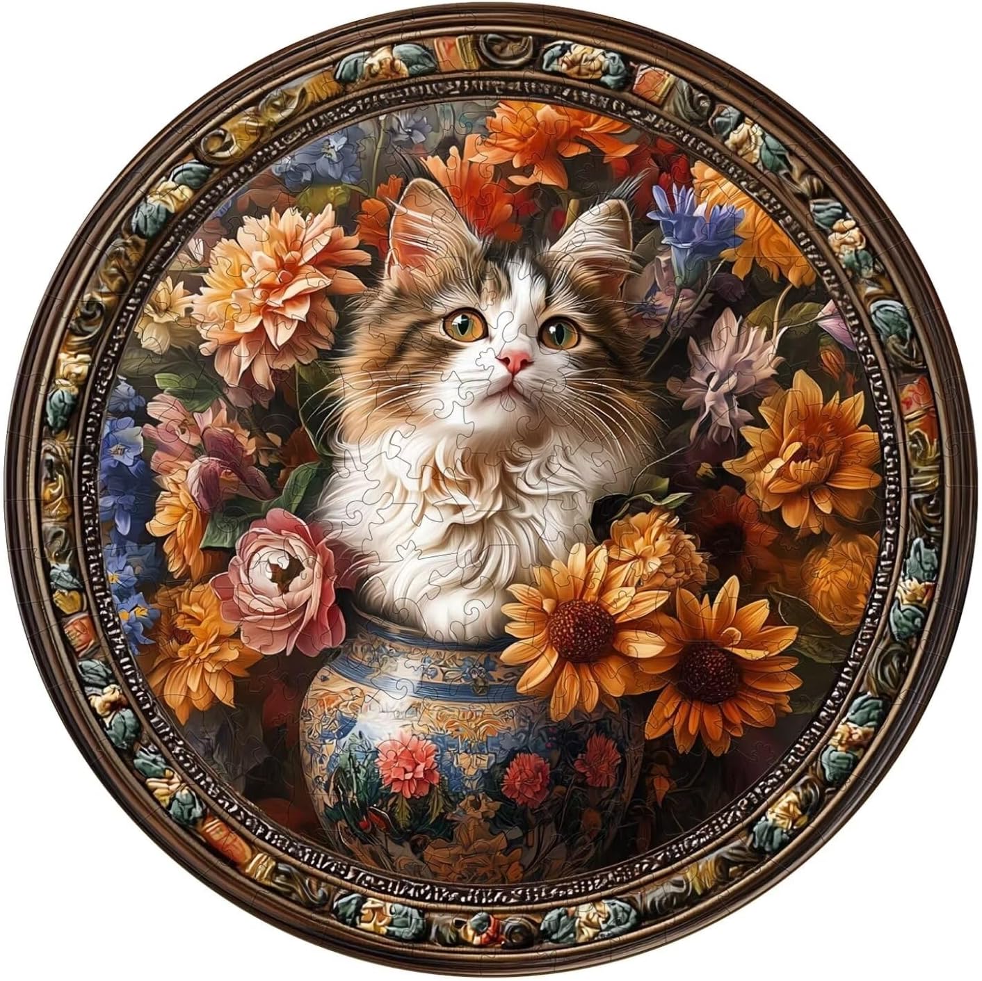 Wooden Puzzles Adults, Beautiful Tricolor Cat Wooden Puzzles 300 Pieces, Unique Animal Shaped Wood Challenging Jigsaw Puzzles Gifts for Adults, 13.4x13.4in
