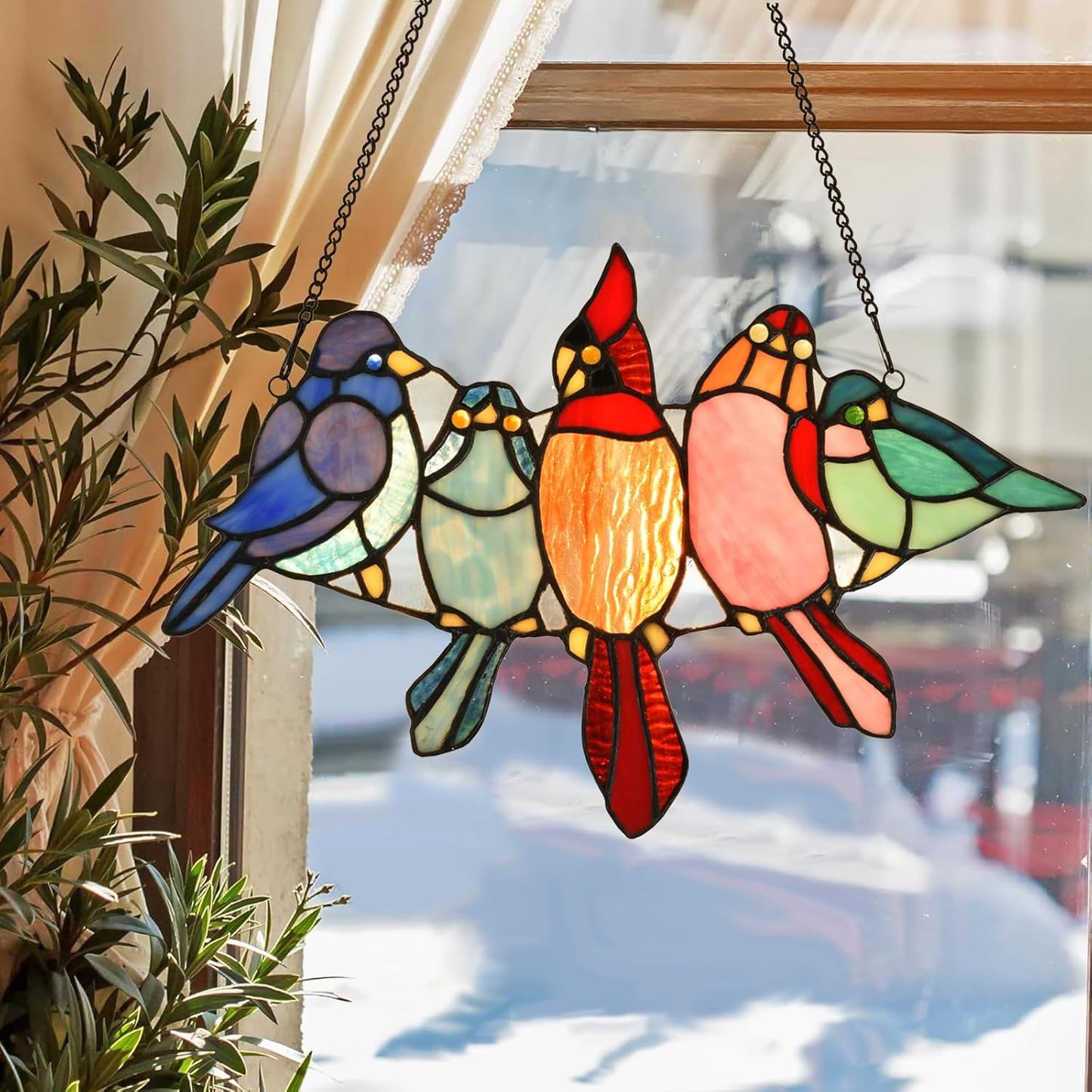 PA0011 Tropical Birds on The Wire Stained Glass Window Panel Tiffany Style Hangings Suncacher with Chain, 12X7.6 Inches, Art Glass Decoration for Window Wall Garden