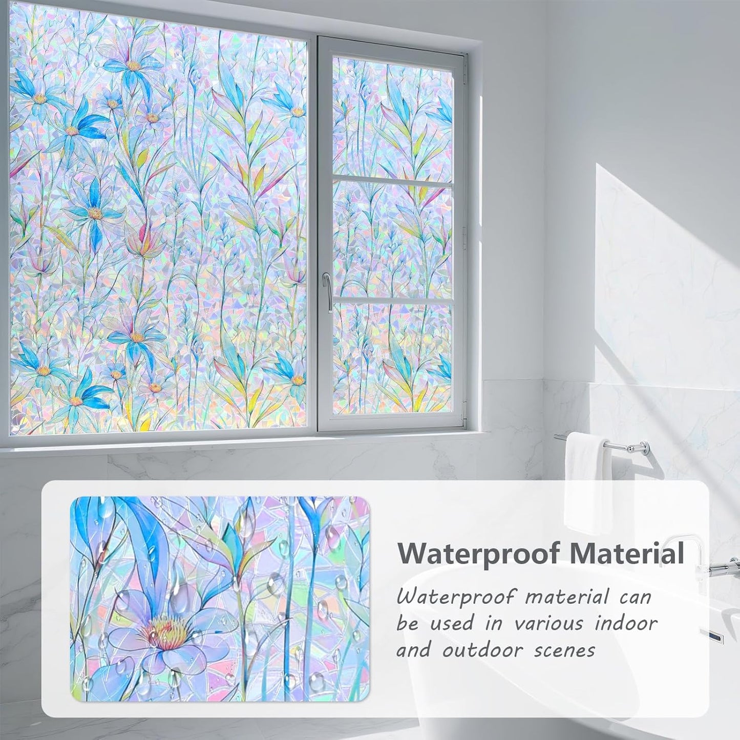 FINNEZ Window Privacy Film Stain Glass Film Flowers Rainbow Window Film Window Clings Non-Adhesive Reusable Decorative for Home（Blue Lotus，17.5 Inch x 6.5 Feet）