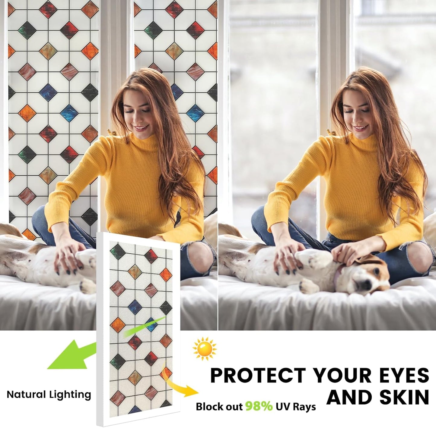 DKTIE Stained Glass Window Film Geometric Patterns, Fine Frosted Window Clings for Glass Windows, Waterproof for Bathroom Window Privacy Film Day and Night (S533, 17.7in X 118.1in)