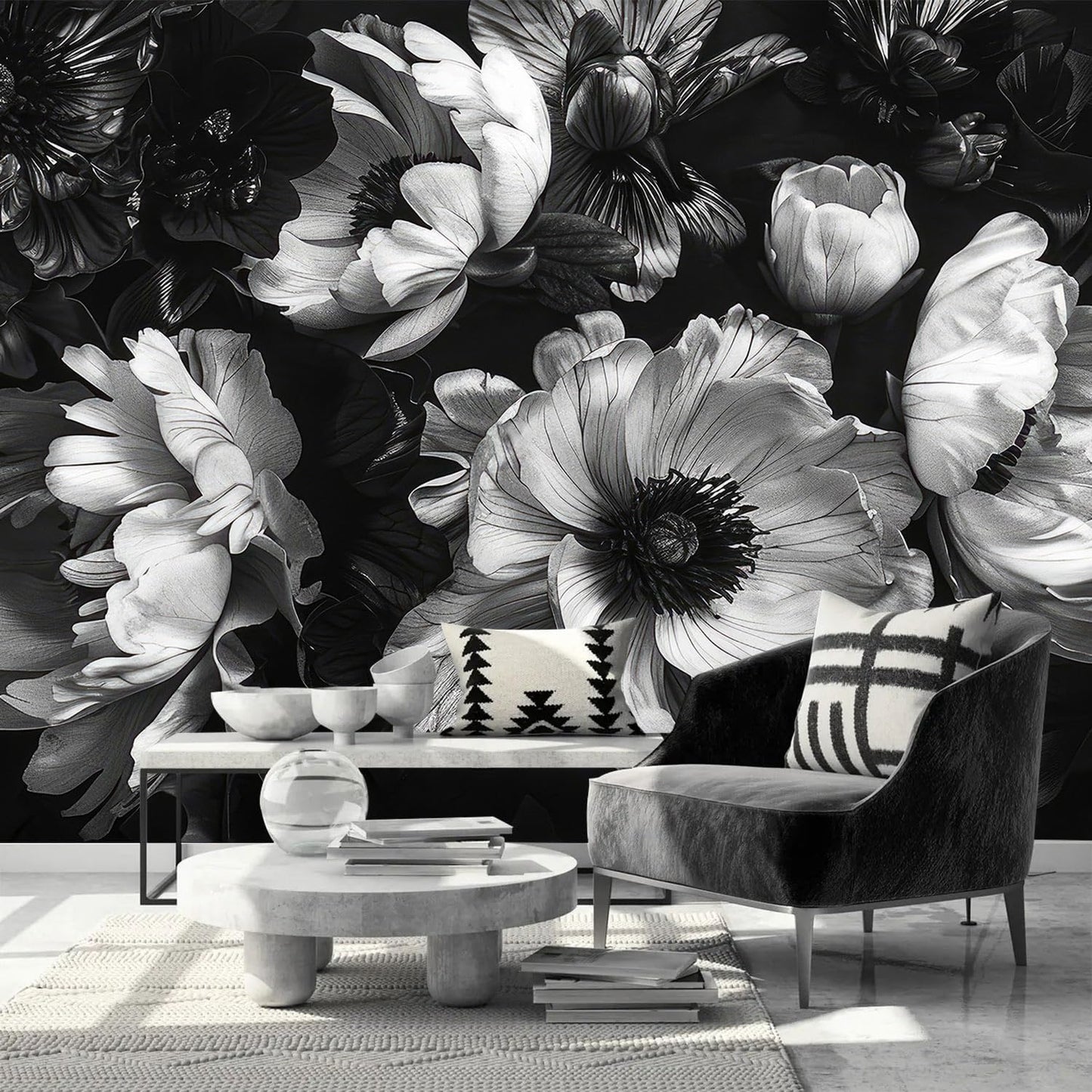 AFZEVEB-Black Peony Floral Wallpaper Vintage Large Flower Wall murals for Bedroom 136"x96"(Not Peel and Stick)