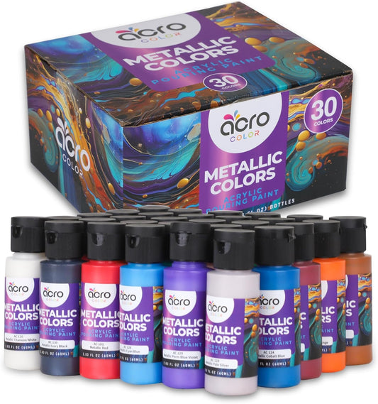 Acrylic Pouring Paint Set | 30 Vibrant Colors Including An Array Of Metallic, Neon & Pastel Paints | Pre Mixed, Ready to Use, High Flow Paint For Canvas, Paper, and More | 2 Ounces Per bottle