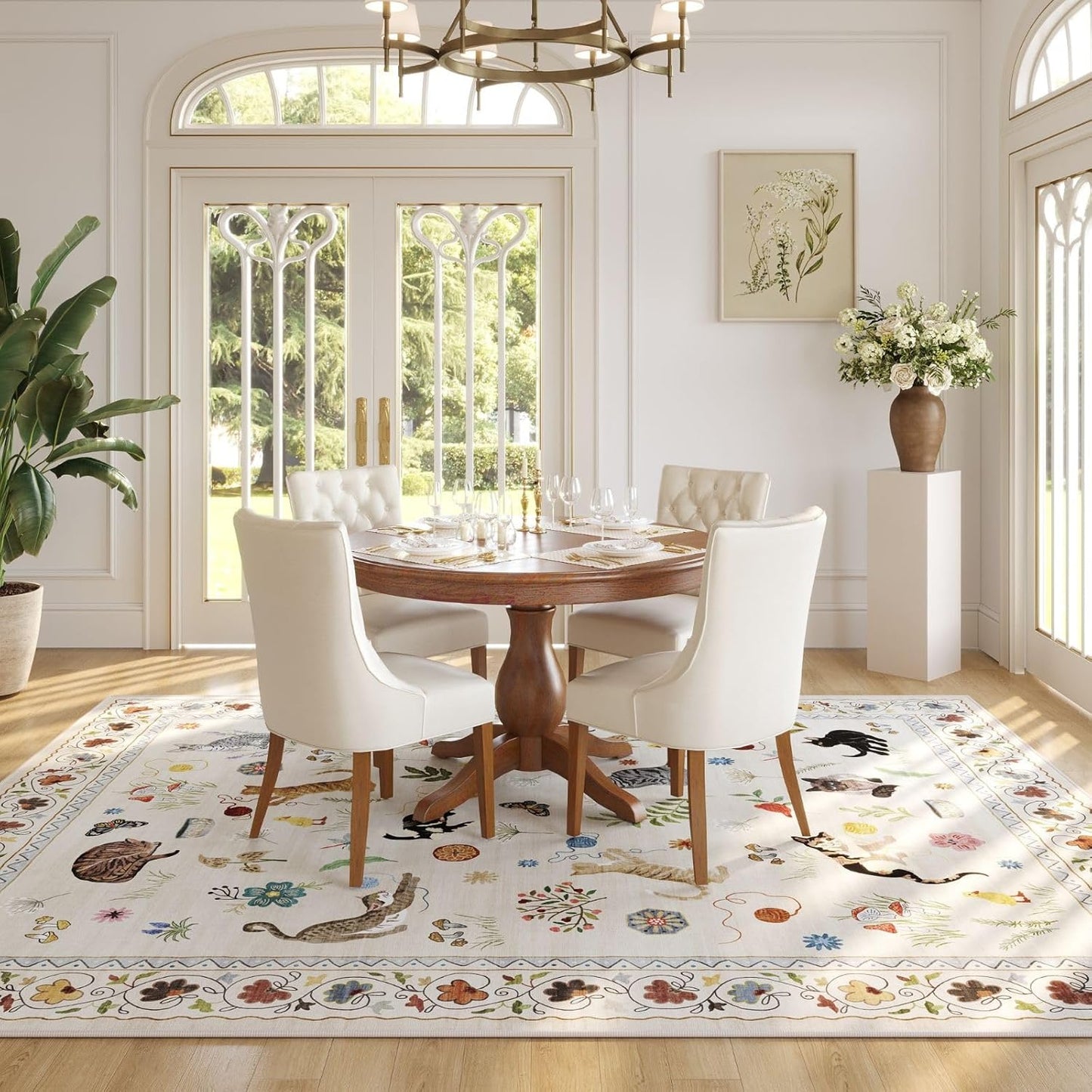 Rugcomf Area Rugs 9x12 Living Room Clearance Washable Boho Rug Non Slip Floral Animal Cat Vintage Low Pile Large Rug for Living Room Bedroom Farmhouse Dining Room Kids Playroom, Beige