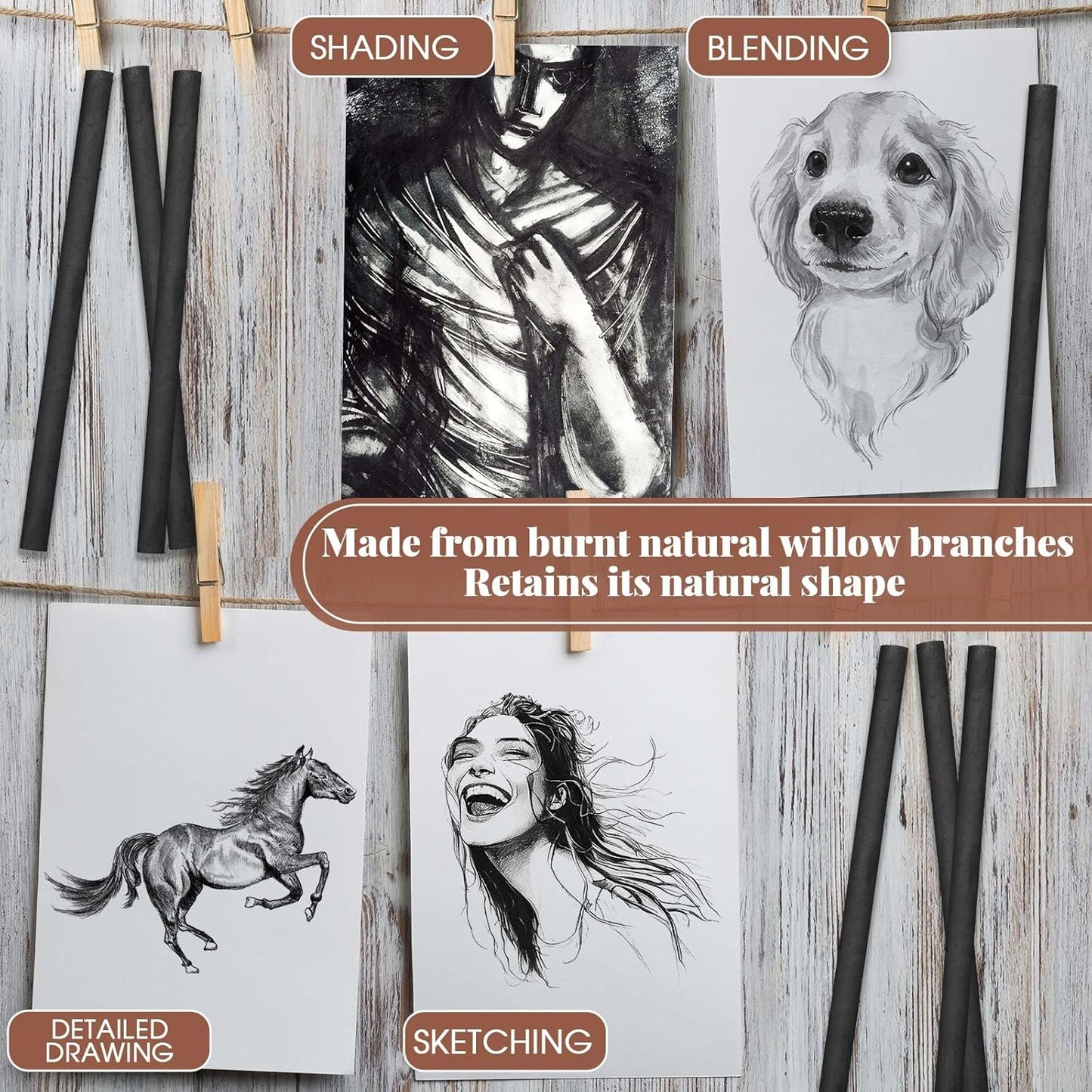 Gueevin 50 Pcs Willow Charcoal Sticks, Willow Charcoal, Artists, Beginners, Students, Perfect for Sketching, Drawing, Shading, and Fine Art Christmas Gifts for Art (2-4mm)