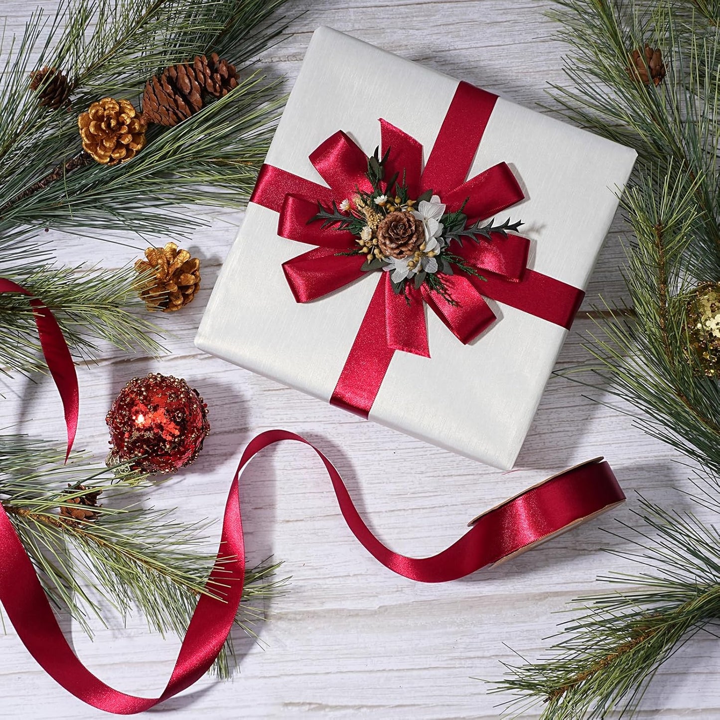 LaRibbons Burgundy Satin Ribbon 1 1/2 Inch 50 Yards, Luxury Double Faced Red Silk Ribbon for Flower Bouquet Crafts Gift Wrapping Wedding Bow Christmas Decoration