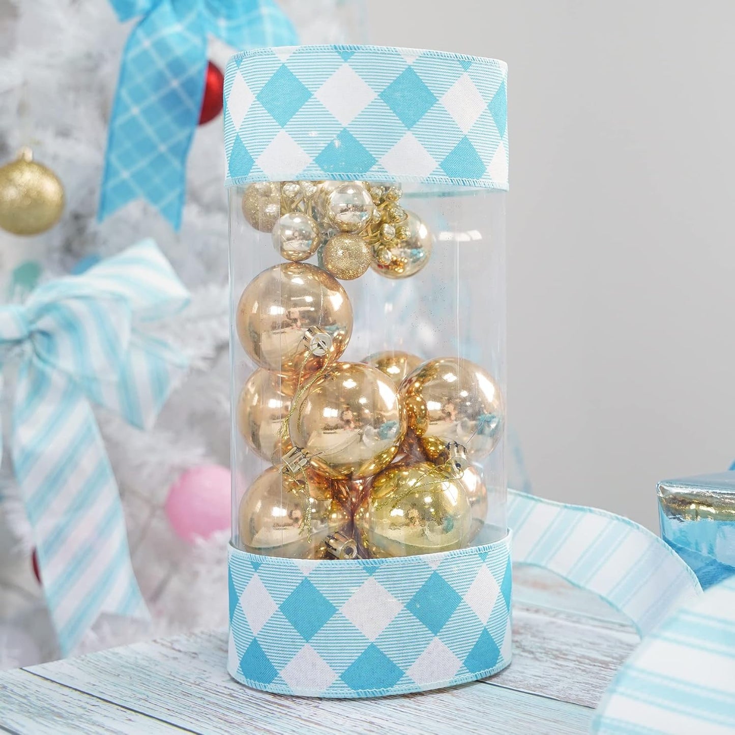 MEEDEE Blue and White Check Ribbon Christmas Wired Ribbon Blue White Burlap Ribbon 2.5 Inch X 10 Yards for Crafts Christmas Tree Decoration Birthday Decor Bows Making Flower Wreath Gift Wrapping