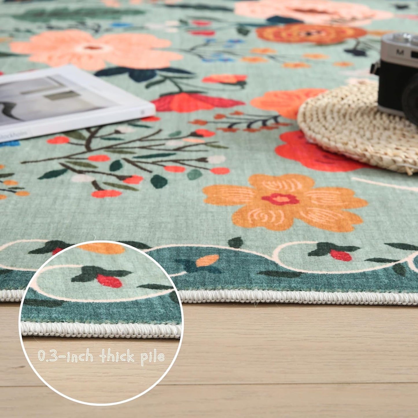 Rugcomf Area Rugs 9x12 Living Room Clearance Washable Boho Rug Non Slip Floral Vintage Low Pile Large Rug for Living Room, Bedroom, Farmhouse, Dining Room, Kids Playroom(Green)