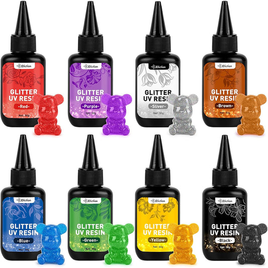 JDiction Glitter Colored UV Resin, 8 Colors Metallic UV Resin with Sparkling Effect, Hard Glitter UV Resin Kit for Jewelry Making, Colored Resin Casting and Coating, Crafts and Decoration
