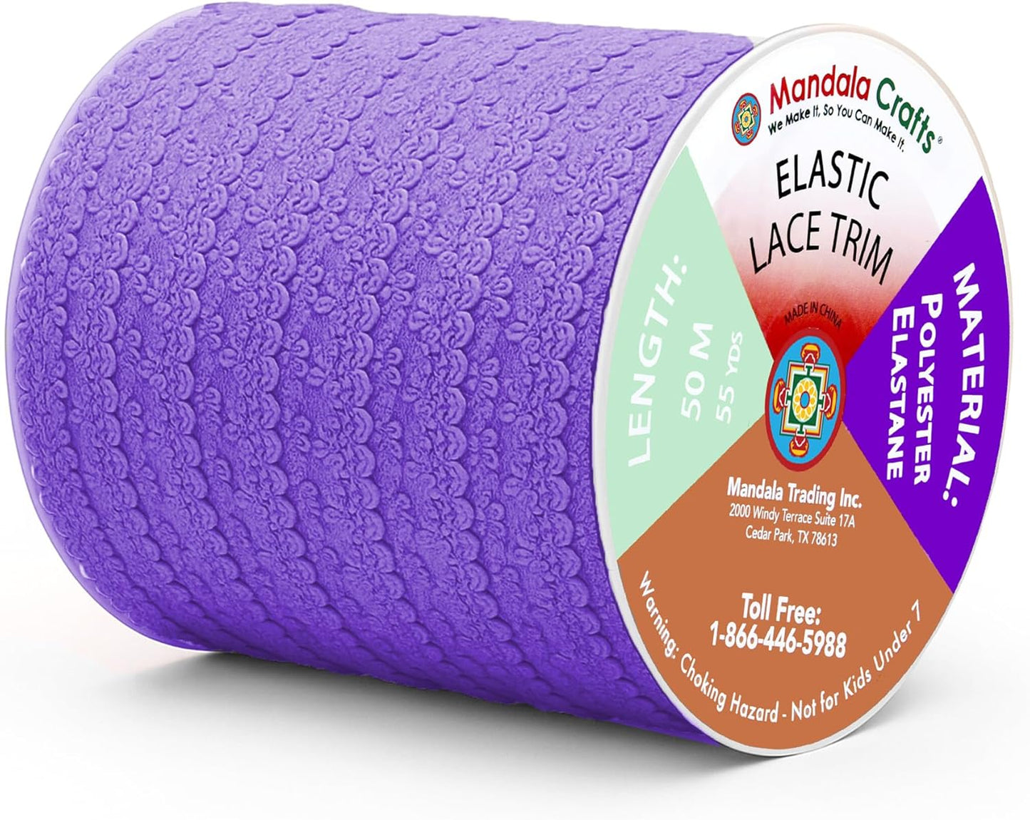 Mandala Crafts Purple Stretch Lace Soft Elastic Trim Roll - 55 Yards 1 Inch Wide Stretchy Frilly Picot Ribbon for Sewing Lingerie, Headbands, Underwear, and Crafts