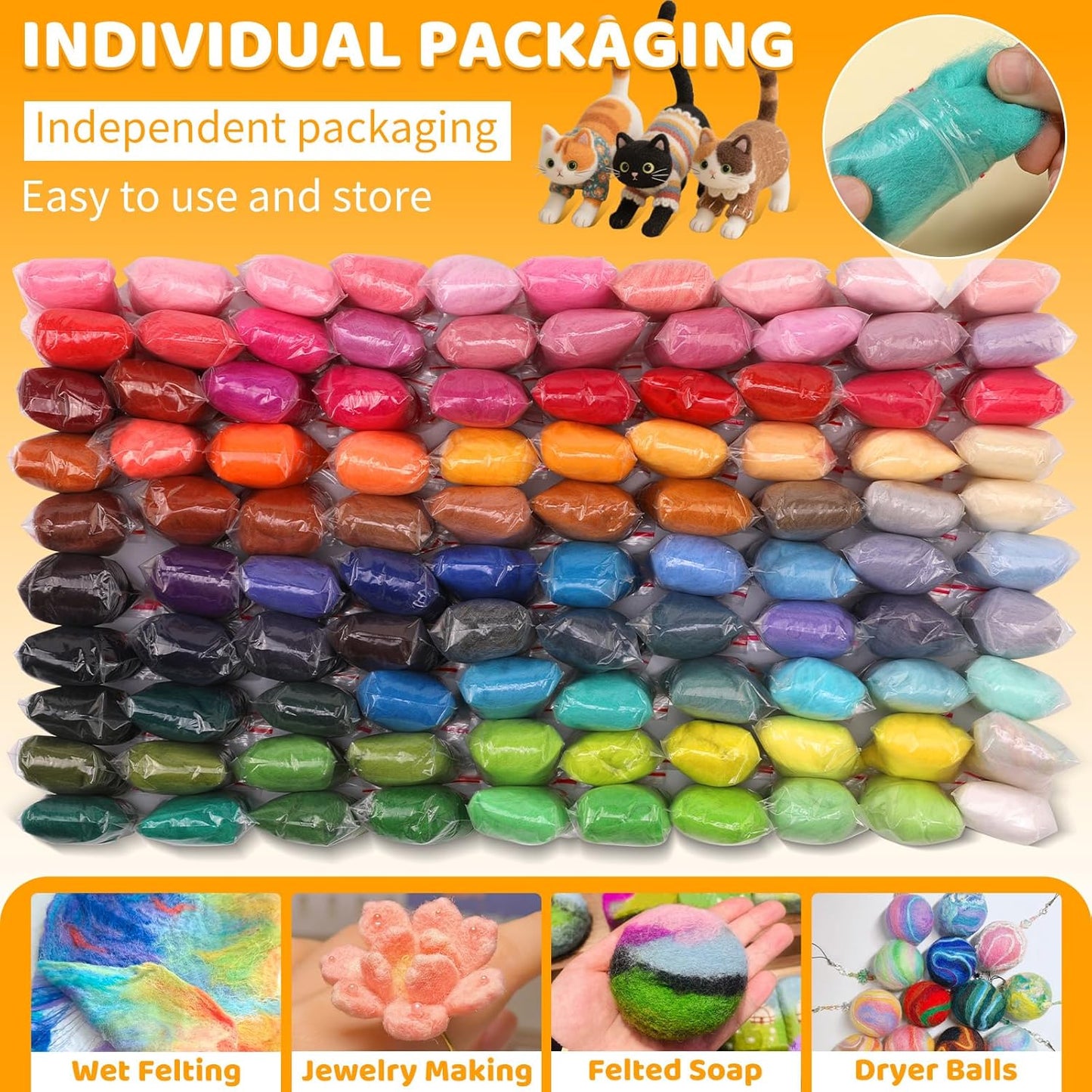 WONVOC 100 Colors Needle Felting Wool, Wool Roving 3g per Color, 10.5 oz Total, Premium Felting Wool for DIY Craft, Fiber Art and Hand Spinning, Needle Felting Supplies, Felting Kit