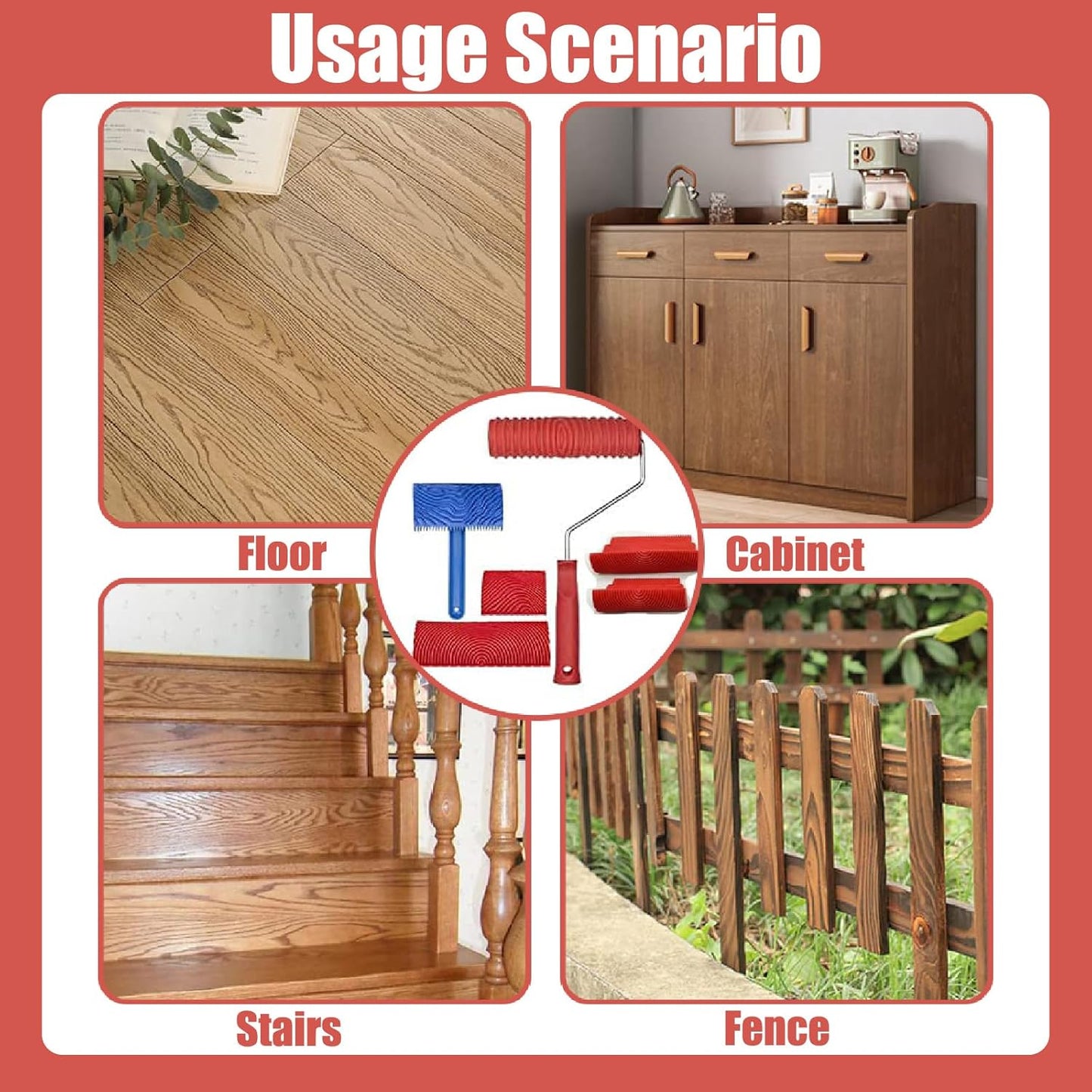 Wood Grain Tool, 6pcs 7" Fake Wood Grain Roller Painting Tool with Handle DIY Rubber Wood Grain Painting Tool Look Like Wood for Wall Room Art Paint Decoration