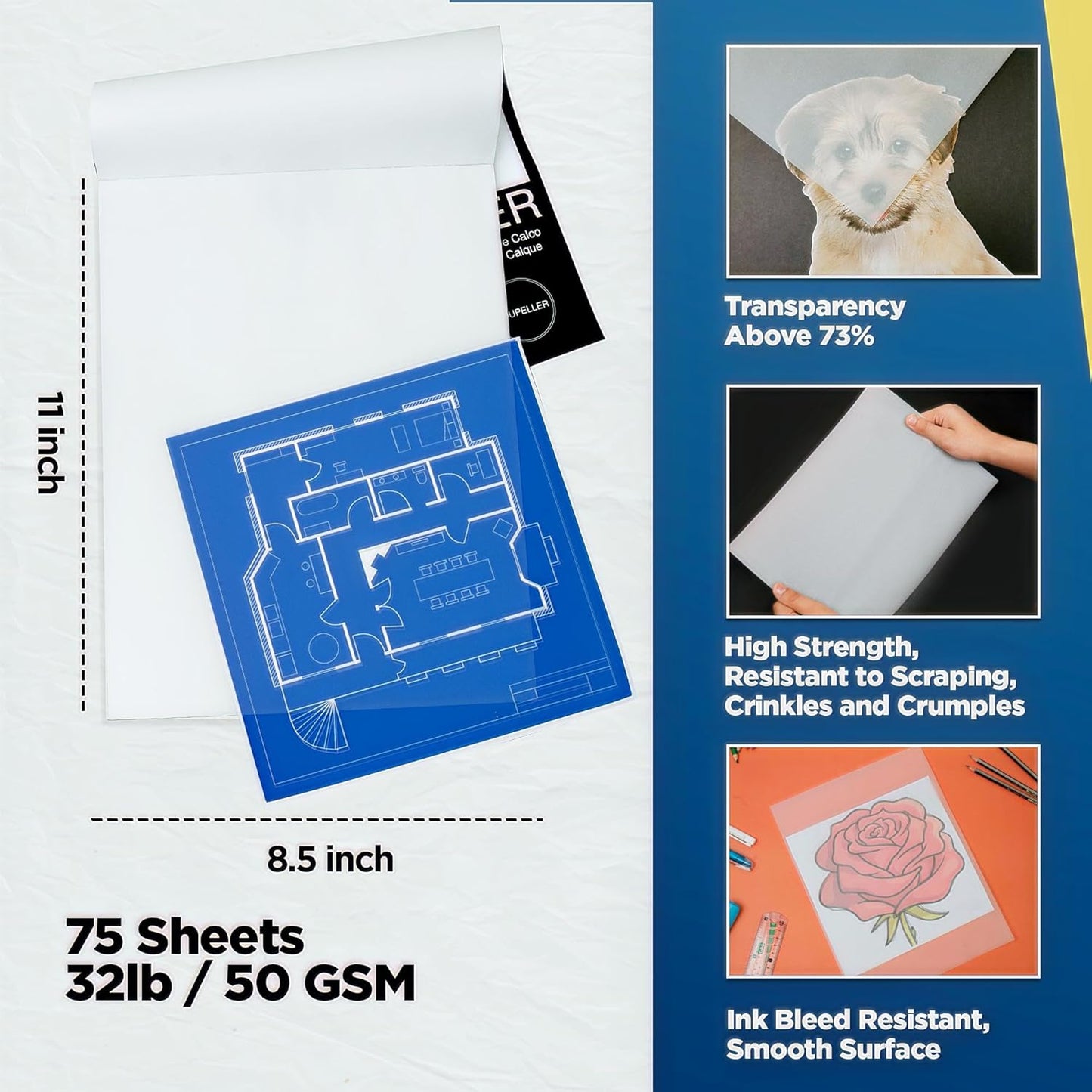 LOUPELLER 8.5” X 11” TRACING Paper for Drawing – 75 Sheets of 32LB / 50G – Wrinkle Free Highly Transparent Tracing Paper Pad – Works with Pen, Pencil & Marker – for Artists, Architects & Kids