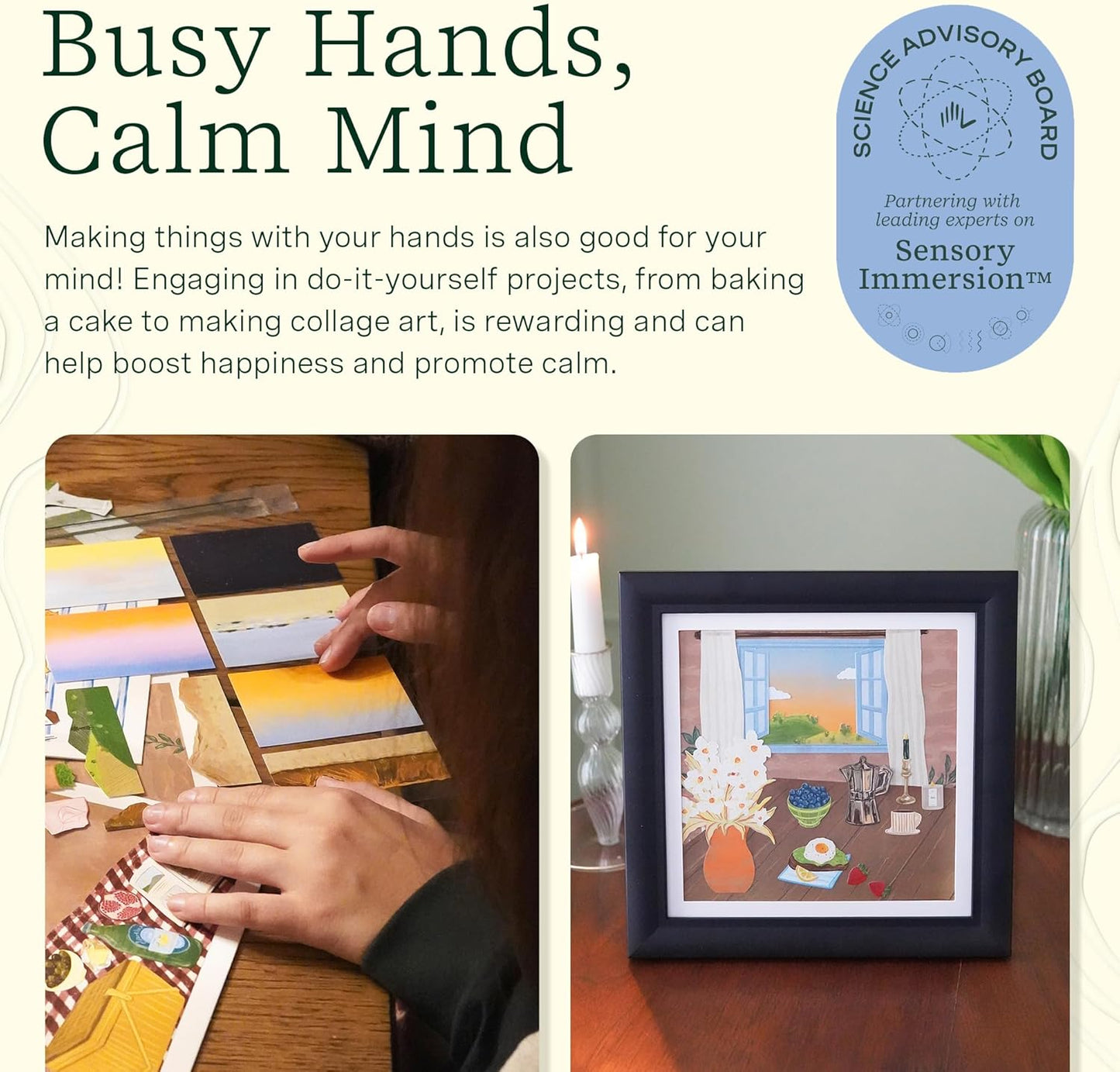 Lifelines FlowCrafts, Collage Art Kit - Miniature Framed Collages from 6 Scenic Backgrounds, 150+ Stickers & 2 Picture Frames - Sensory Arts & Crafts Kit for Teens & Adults - DIY Wall Décor