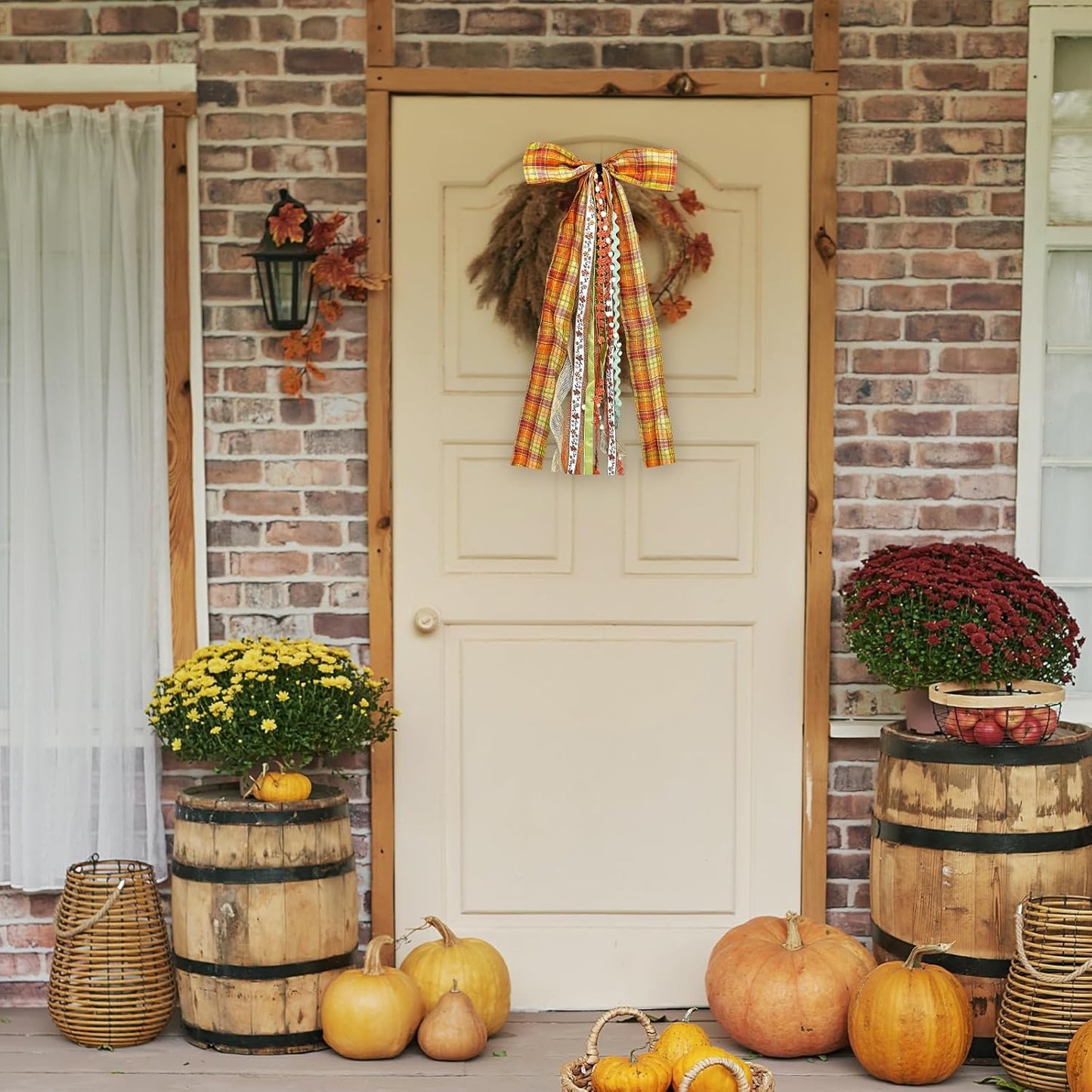 Large Fall Ribbon Bow for Wreath, Orange Buffalo Plaid Fabric Ribbons Set Assorted Lace Ribbon Fall Clip-On Wreath Sash Ribbons Bundle for Thanksgiving Indoor Outdoor Decor