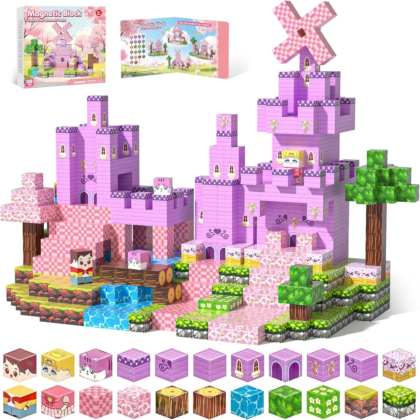Magnetic Blocks, Magnetic Building Blocks 100pcs, STEM Sensory Toys with Princess Castle Build–Creative Magnet Tiles for Toddlers Ages 3+, Boys & Girls–Christmas Birthday Party Kids Gifts