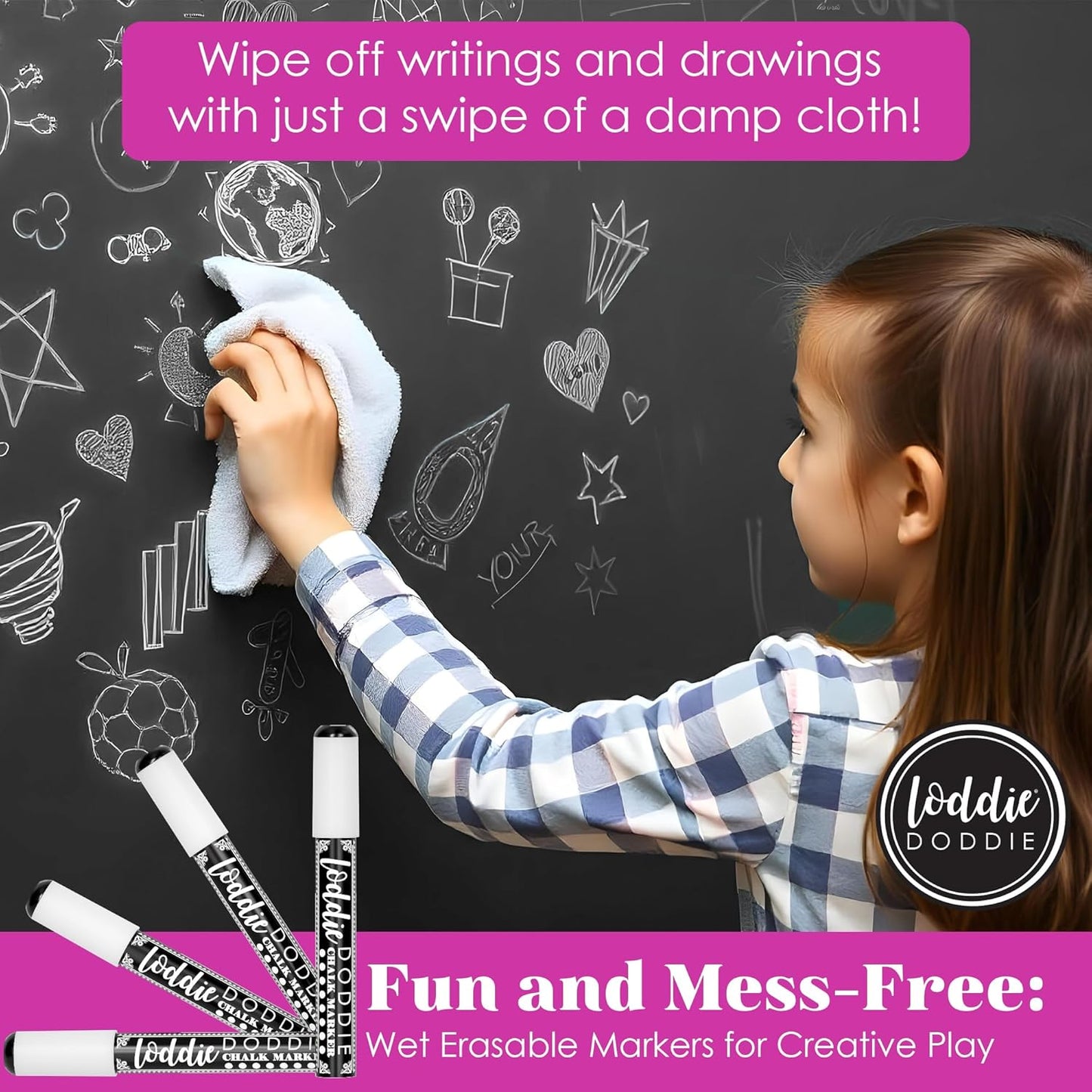 Loddie Doddie Liquid Chalk Markers - Pack of 4, White, 6mm Tip - Versatile on Glass & Mirrors with Glass Markers - Dual Bullet & Chisel Tip with Chalk Pens - Non-Toxic Quick Erase with Window Paint