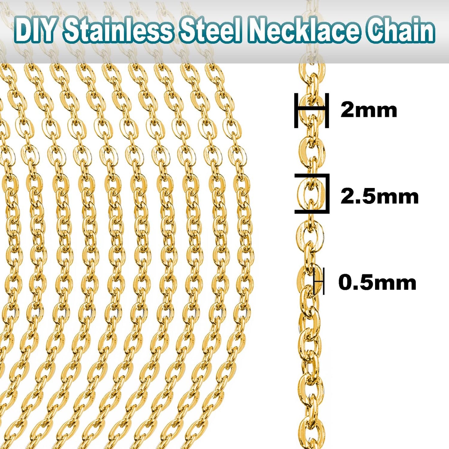 Jishi 33ft Stainless Steel Gold Plated Chain for Jewelry Making Supplies - 2mm 18K Gold Plated Non Tarnish - 33ft Roll with Lobster Clasps, Jump Rings - Gold