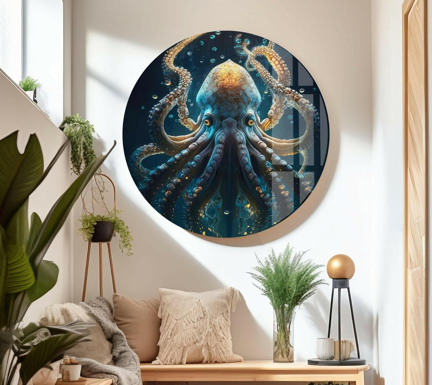 My Photostation.com 32Wx48H'' Underwater Blue Octopus Glass Wall Art Tempered Glass Printing Wall Decor Large Wall Art Wall Hangings
