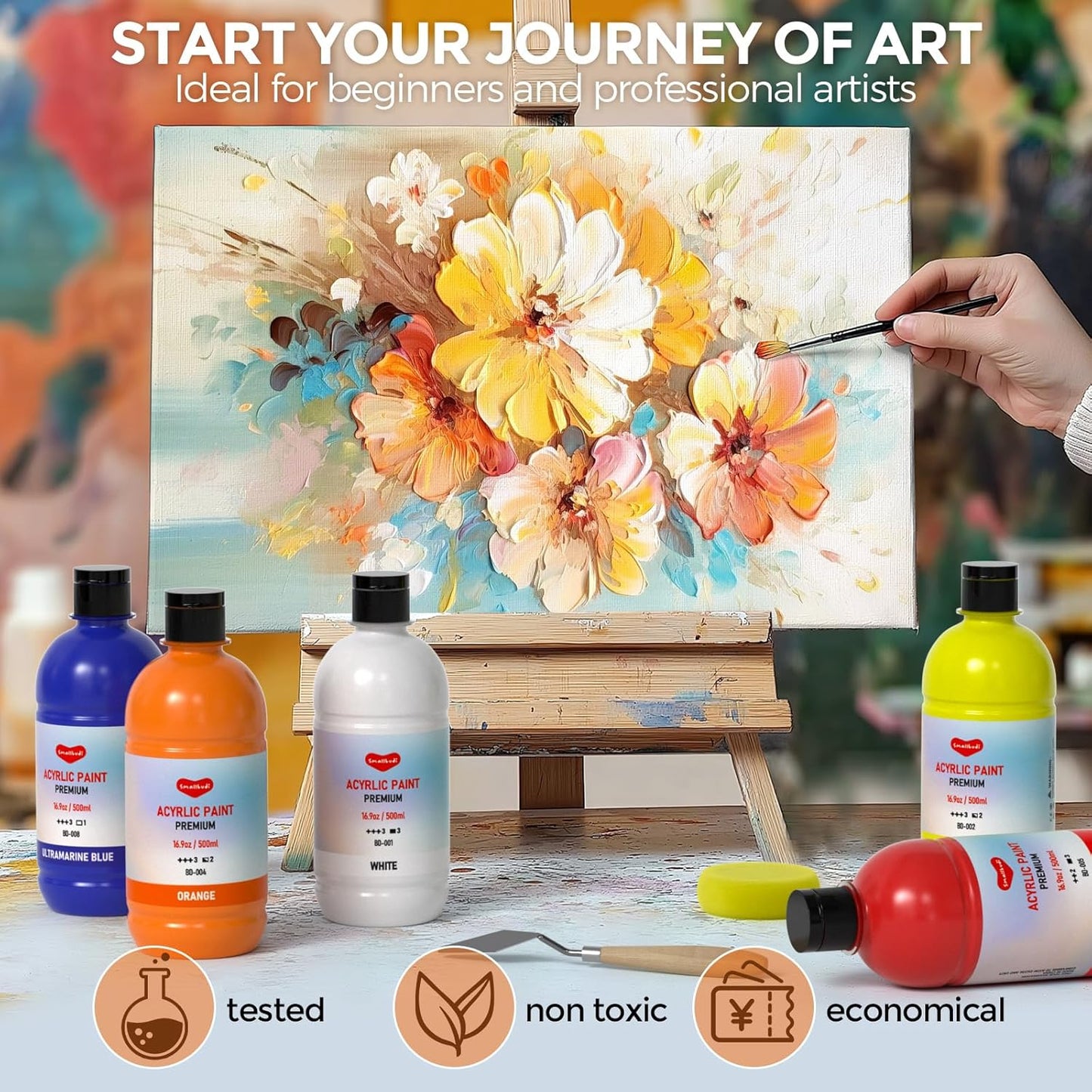 25 Colors Large Acrylic Paint Set (16.9 oz,500 ml), Bulk Acrylic Paint Non-Toxic Art Painting Supplies on Multi Surface Pumpkin Canvas Wood Craft Fabric Rock for Artist Kids with Color Wheel