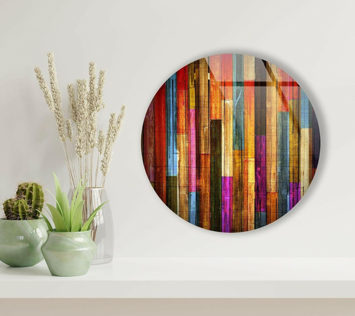 My Photostation.com 15.8''(40cm) Diameter Colorful Wood Pattern Round Glass Wall Art Tempered Glass Printing Wall Decor Large Wall Art Wall Hangings