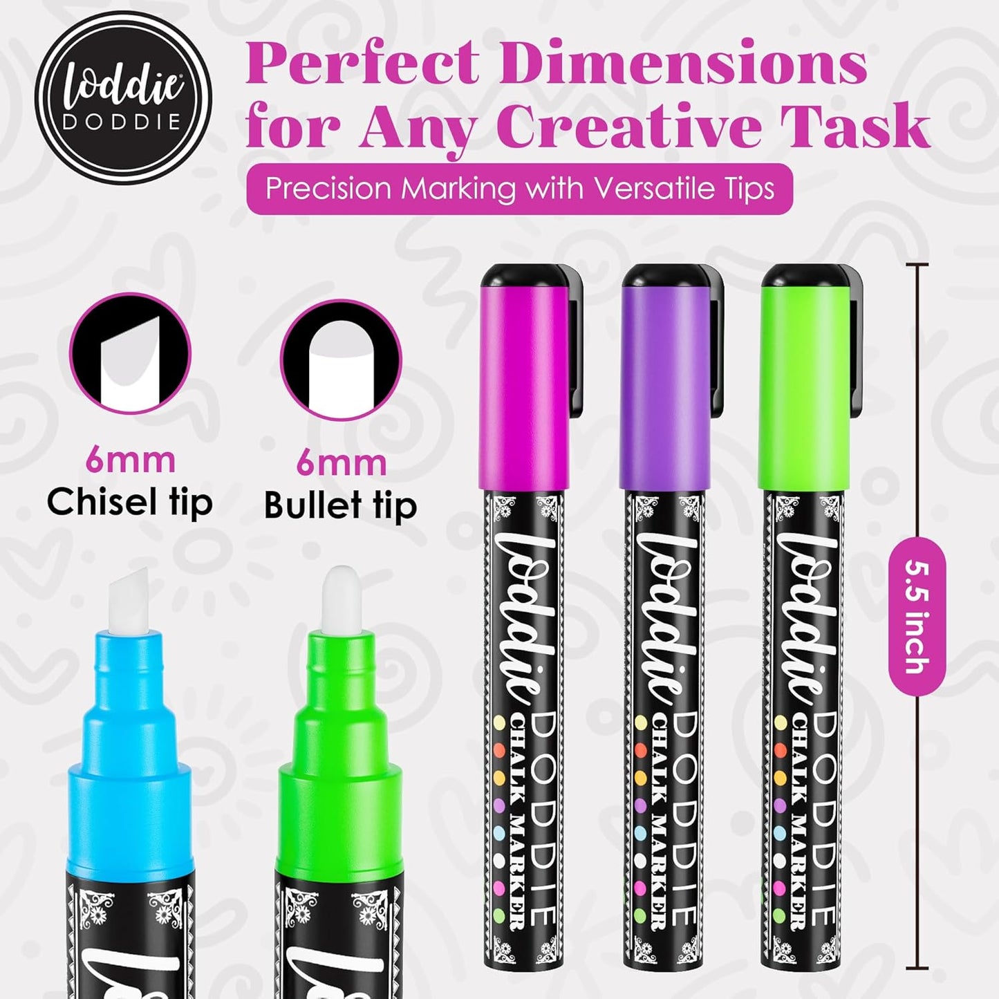Loddie Doddie Chalk Markers - 24-Pack, 6mm Reversible Tips - Colored Chalk Pens for Art & Decor - Window Markers for Glass & Metal - Dry Erase Pens for Mirrors & More