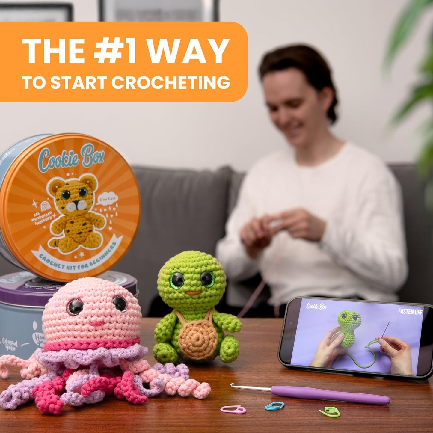 Cookie Box Crochet Kit for Beginners – Gift Set to Make Bear Bruno Amigurumi Plushie – Easy DIY Crochet & Knitting Starter Kit with Video and PDF Tutorials